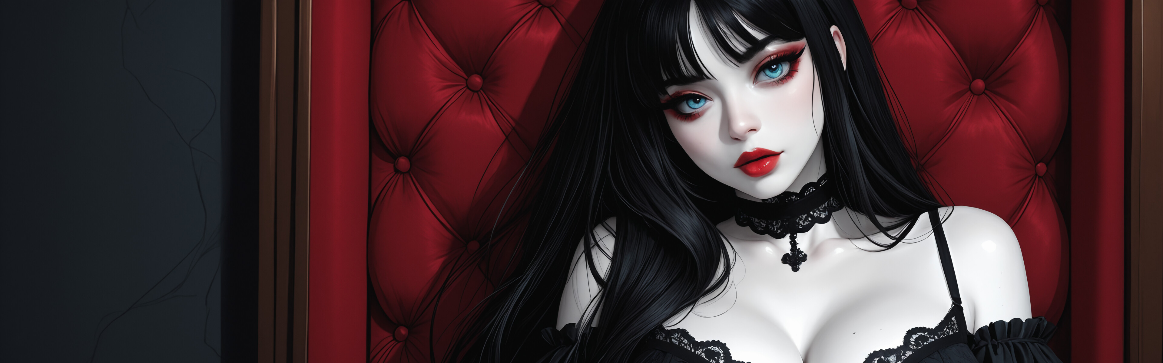 A portrait of a beautiful gothic woman with long black hair, pale skin, piercing blue eyes, and red lips. She is wearing a black lace dress and a choker, standing before a red curtain.