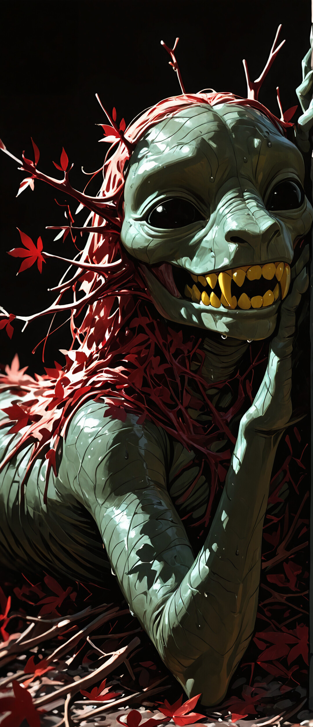 A grotesque, green-skinned creature with large black eyes and sharp yellow teeth peeks out from behind a gnarled tree in a dark autumn forest covered in red leaves.