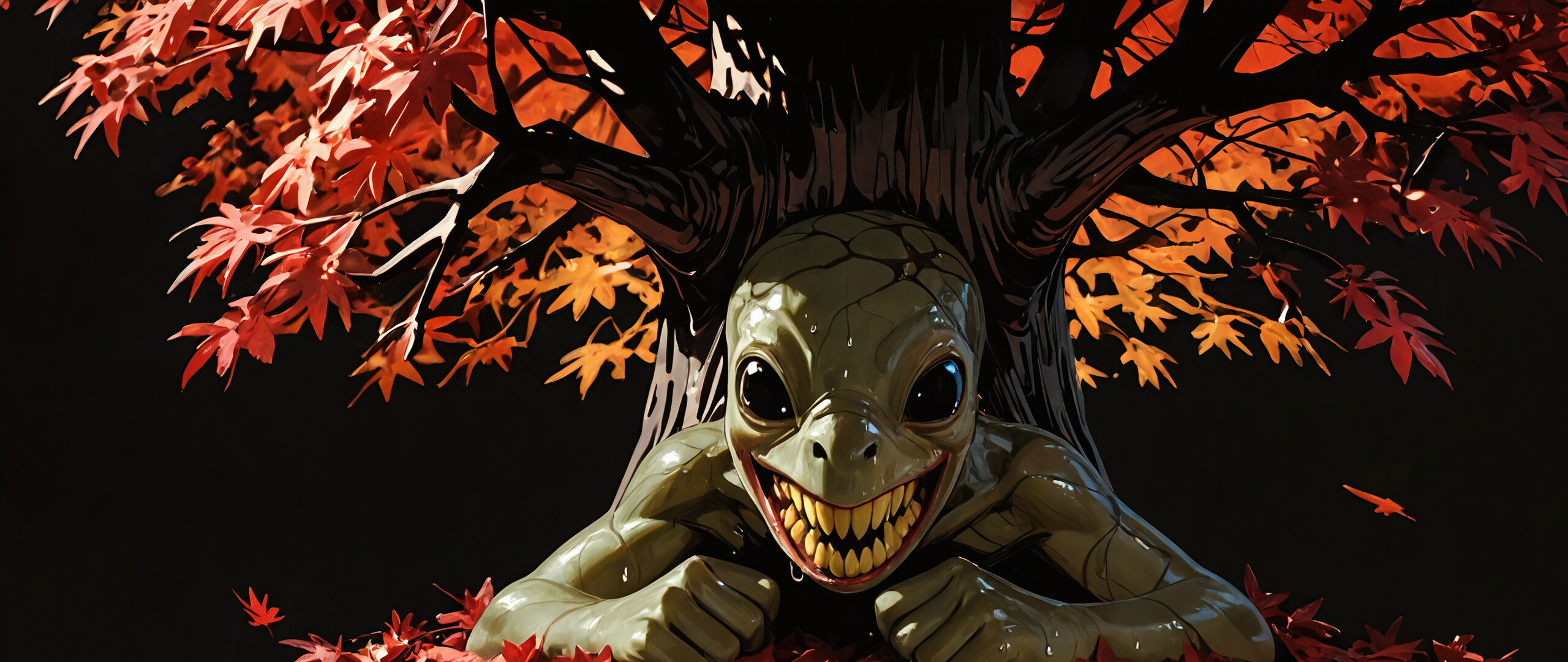 A grotesque, green-skinned creature with large black eyes and sharp yellow teeth peeks out from behind a gnarled tree in a dark autumn forest covered in red leaves.