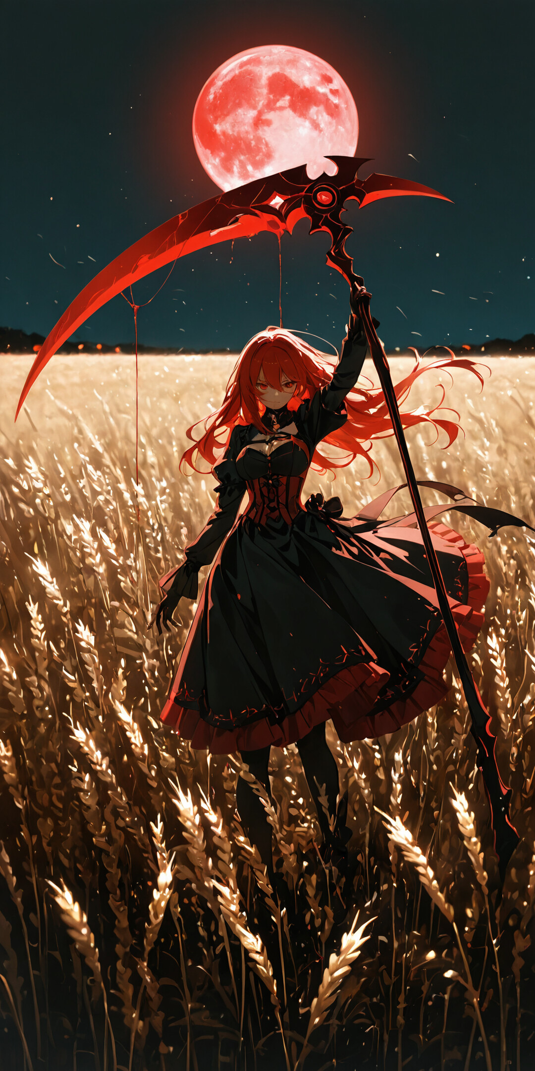 An anime girl with long black hair and red eyes, wearing a black and red gothic dress, stands in a field of wheat at night, holding a large scythe under a massive red moon. A river of blood is at her feet.