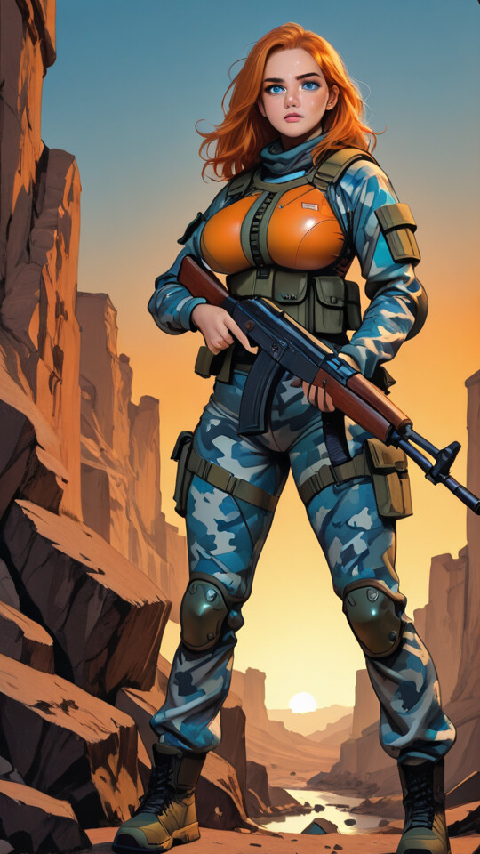 A full-body illustration of a female soldier with long red hair and blue eyes, wearing a blue camouflage uniform and holding a rifle while standing in a rocky canyon at sunset.