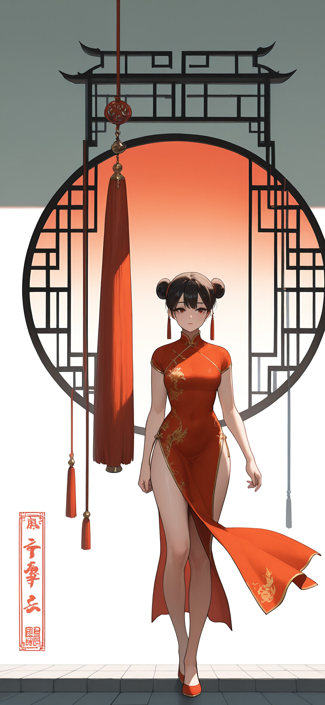 A full-body illustration of an anime-style girl with black hair in double buns, wearing a red cheongsam, standing inside a red Chinese pavilion with a view of mountains.