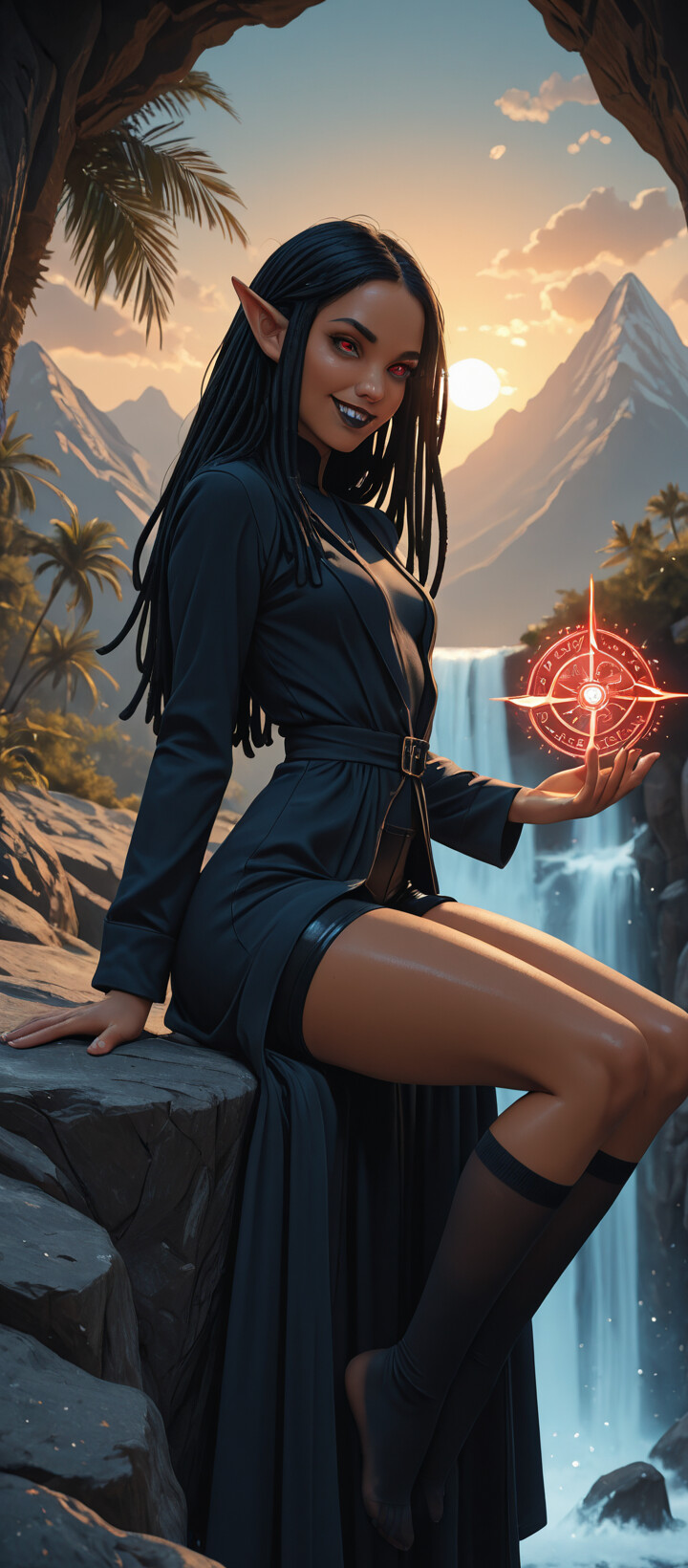 A dark-skinned elf with dreadlocks and glowing red eyes sits on a stone wall, holding a red magic orb, with a waterfall and sunset in the background.