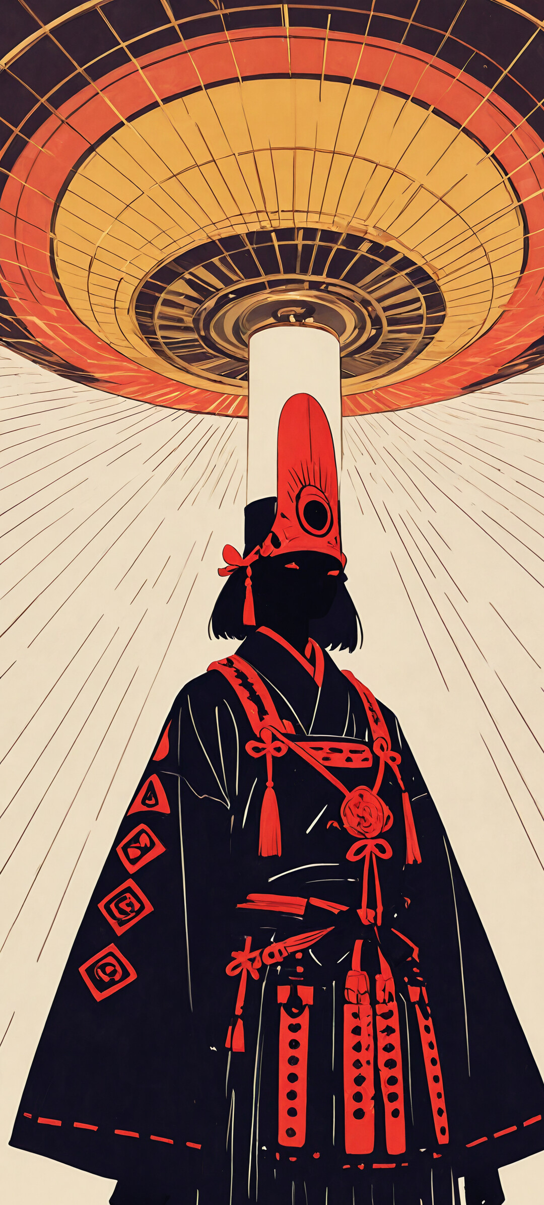 A stylized illustration of a woman in profile with black silhouetted skin and glowing orange eyes. She wears a black kimono and a very tall, black, ornate headdress, set against a large red sun with radiating lines.
