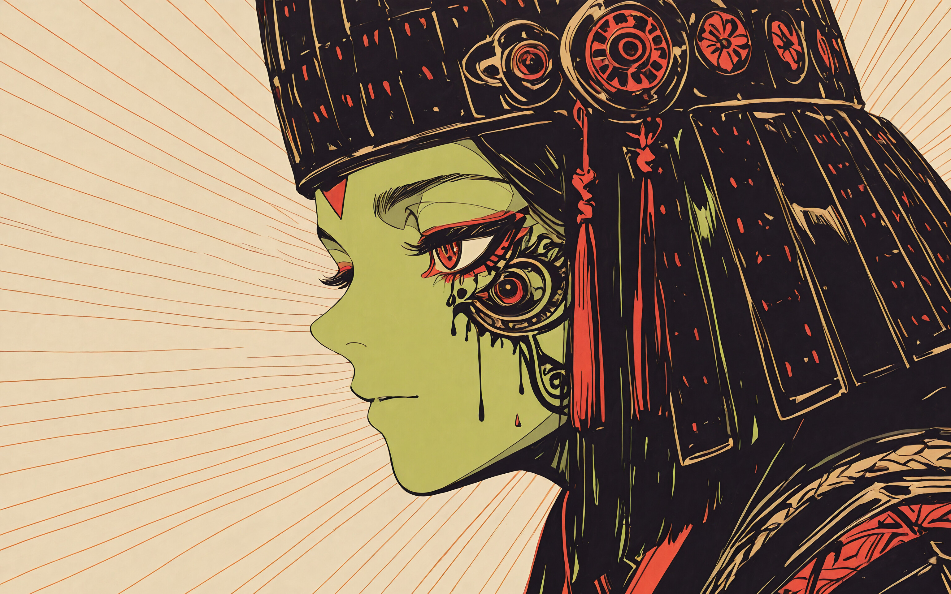 A stylized illustration of a woman in profile with black silhouetted skin and glowing orange eyes. She wears a black kimono and a very tall, black, ornate headdress, set against a large red sun with radiating lines.
