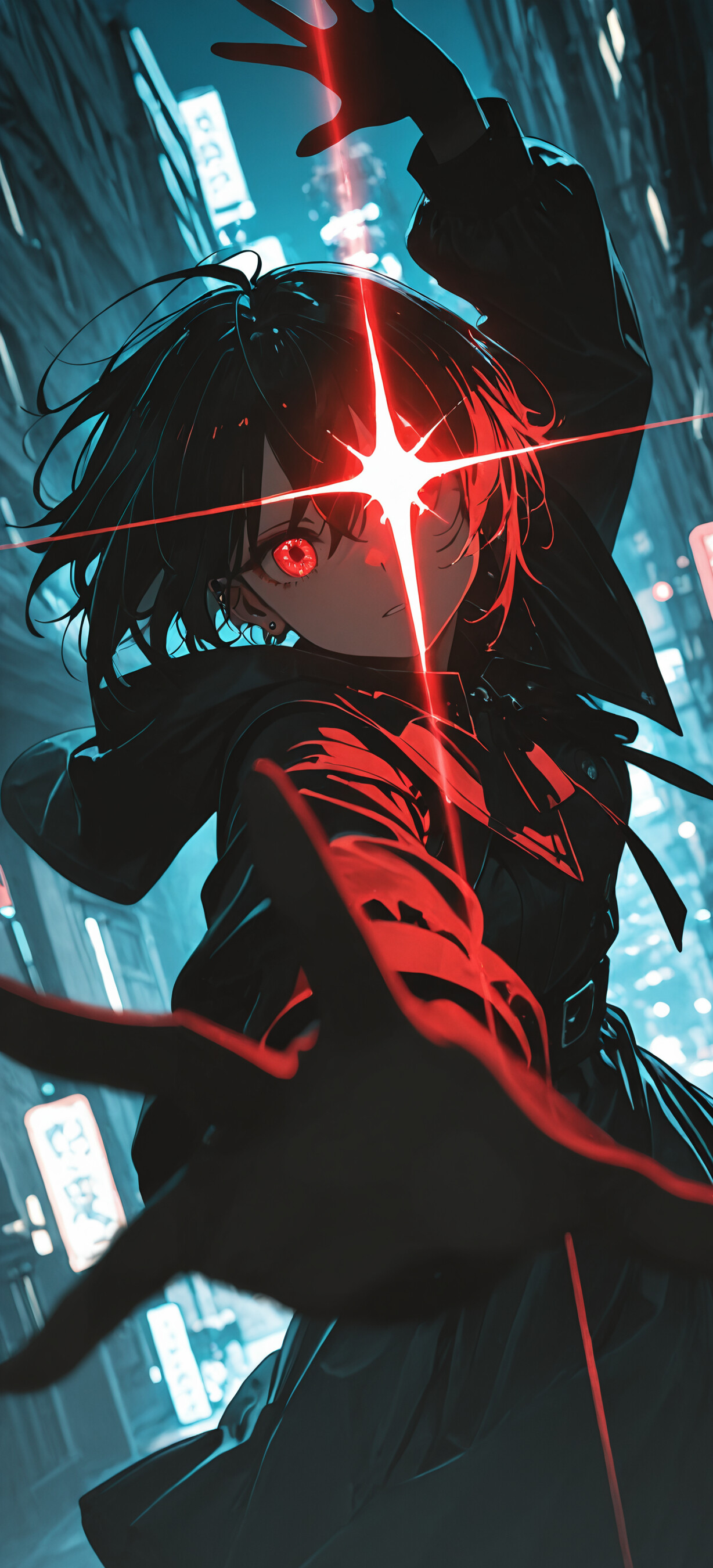 An anime girl with short black hair and red eyes in a dark cyberpunk city, reaching her hand out towards the viewer as a bright red, star-shaped light glows at her fingertips.