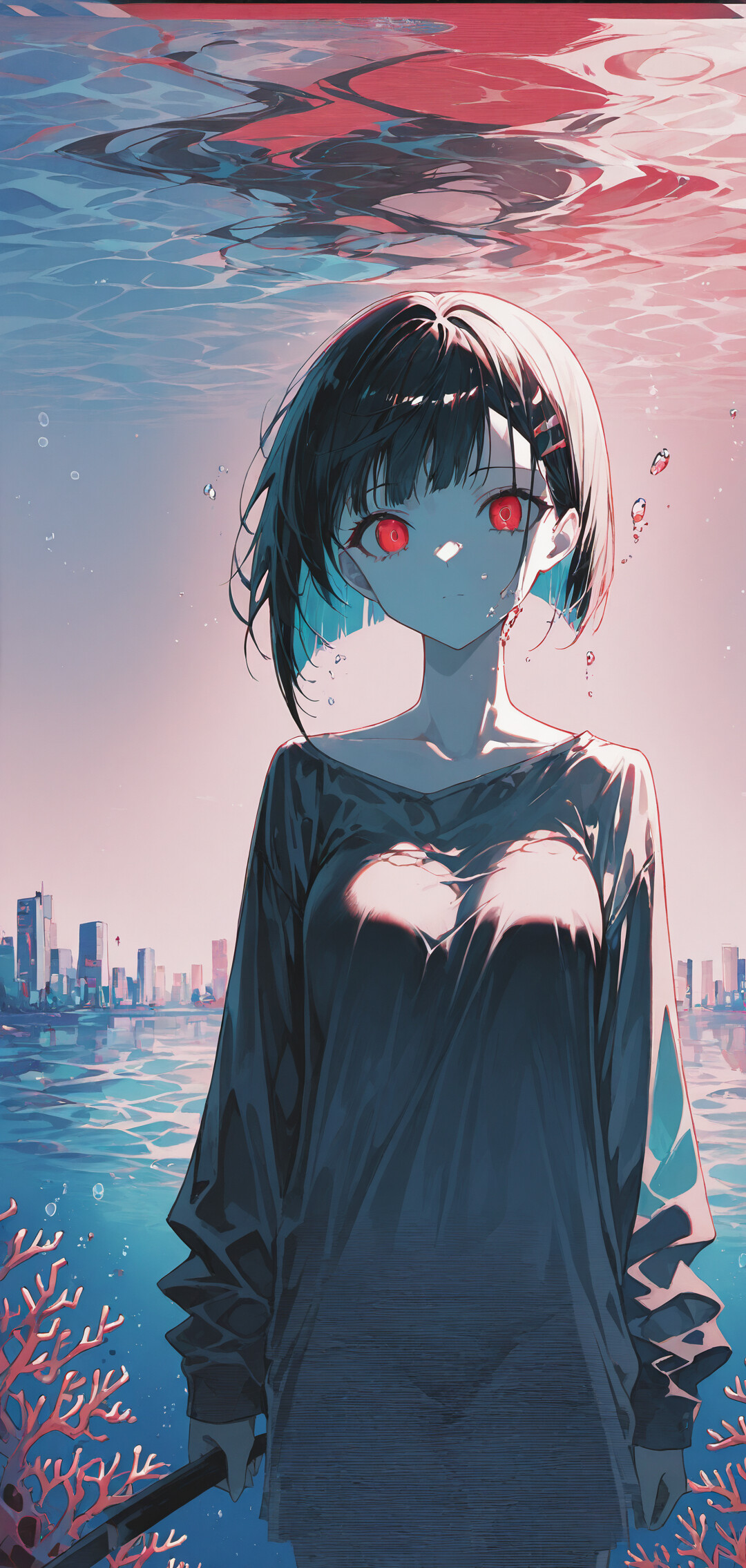 An anime-style illustration of a silhouetted girl with short dark hair and glowing eyes, submerged in water with a city skyline in the background under a pink sky. The scene features underwater corals and digital glitch effects.