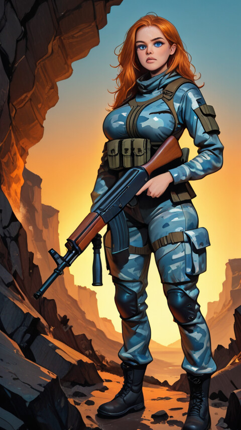 A full-body illustration of a female soldier with long orange hair and blue eyes, wearing blue camouflage and a tactical vest, holding a rifle in a rocky, canyon-like wasteland at sunset.