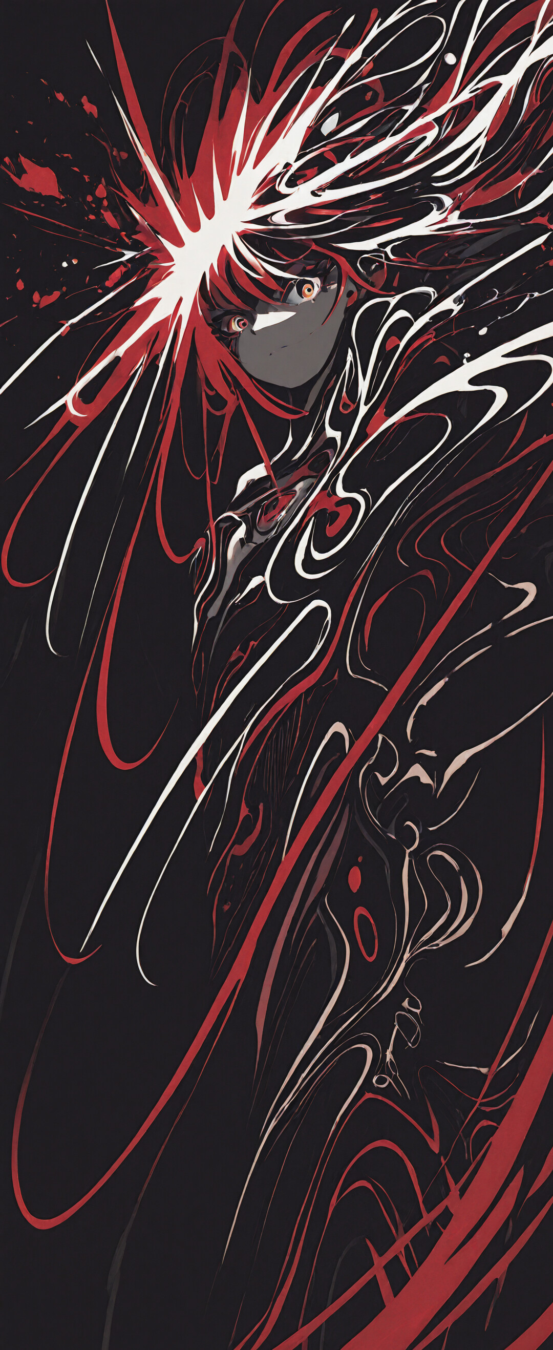 A high-contrast, abstract anime-style illustration of a woman with dark hair, a large white streak, and glowing red eyes, surrounded by swirling red and white energy against a black background.