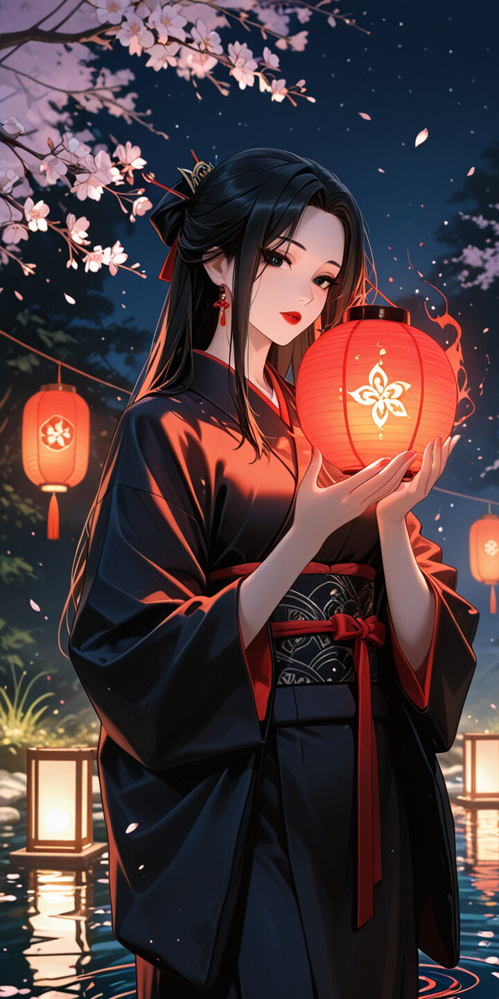 A beautiful woman with long black hair and a red celestial headpiece, wearing a black and red kimono, stands by a stream at night under cherry blossom trees and glowing red paper lanterns.