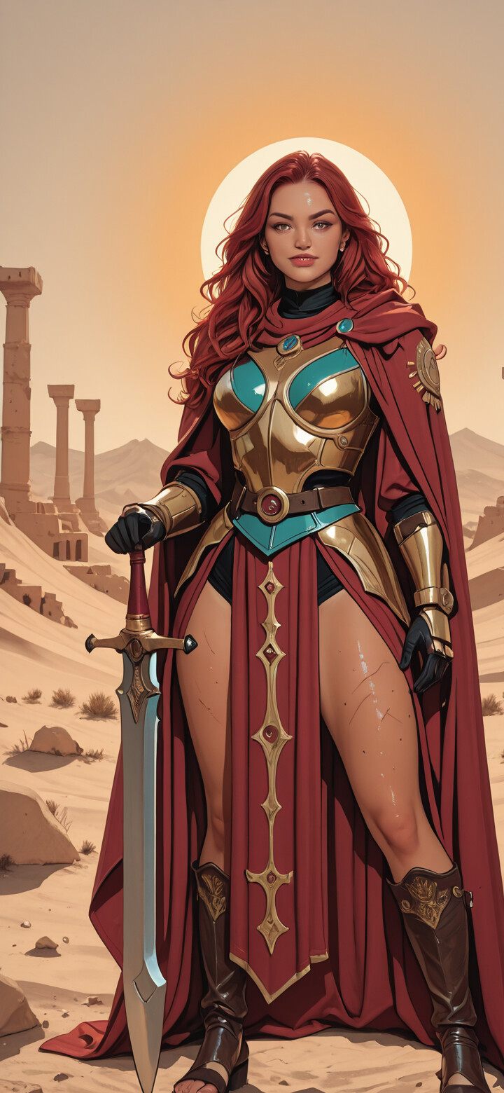 A full-body illustration of a red-haired female warrior in golden armor and a red cape, holding a large sword while standing in a desert landscape with ancient ruins.