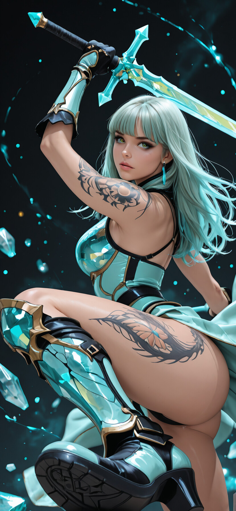 A full-body digital painting of a fantasy female warrior with long light blue hair and green eyes. She is in a dynamic mid-air pose, wearing turquoise and black armor and wielding two large, glowing blue crystal swords against a dark background.
