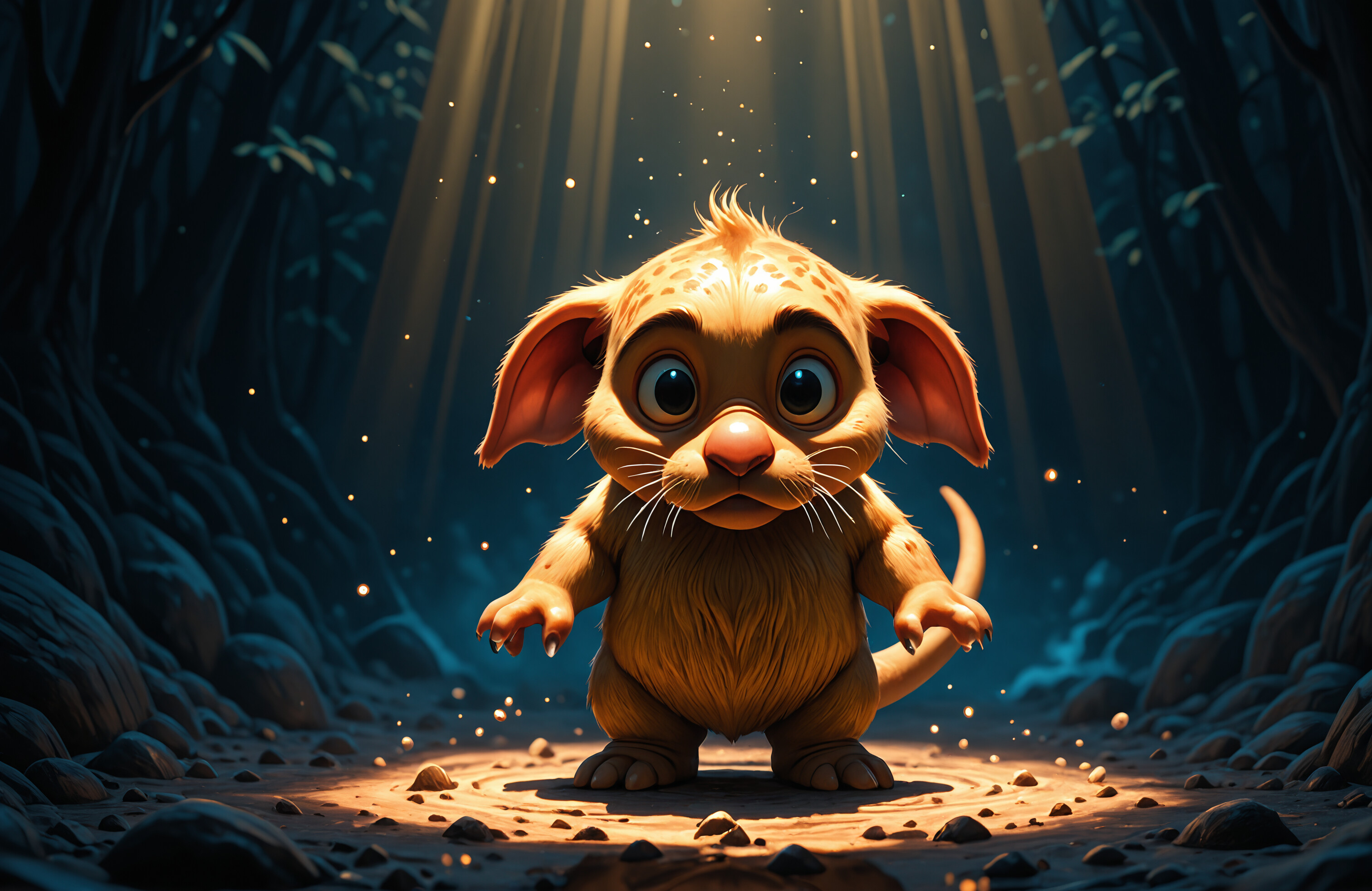 A small, brown, cartoonish creature with large ears and wide eyes sits in a puddle of water in a dark jungle, illuminated by a beam of blue light from above, viewed through a dark frame.