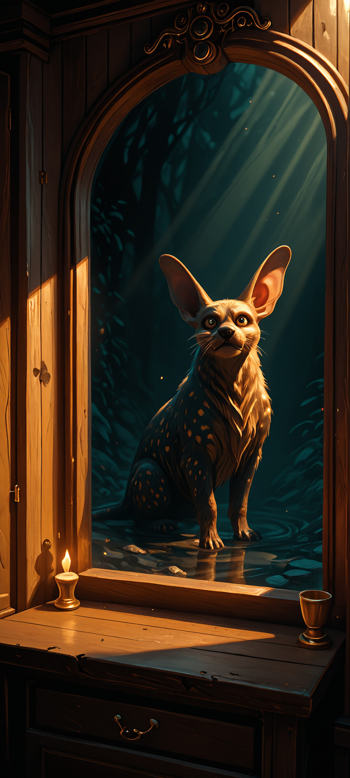 A small, brown, cartoonish creature with large ears and wide eyes sits in a puddle of water in a dark jungle, illuminated by a beam of blue light from above, viewed through a dark frame.