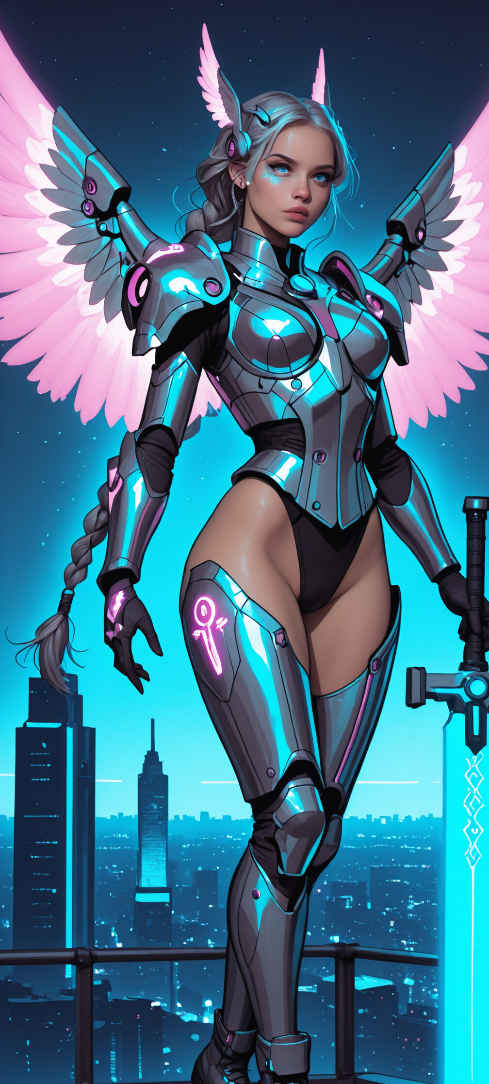 A full-body view of a female warrior with silver-blue braided hair, glowing blue wings, and futuristic armor, holding a luminous cyan sword on a rooftop with a city skyline in the background.
