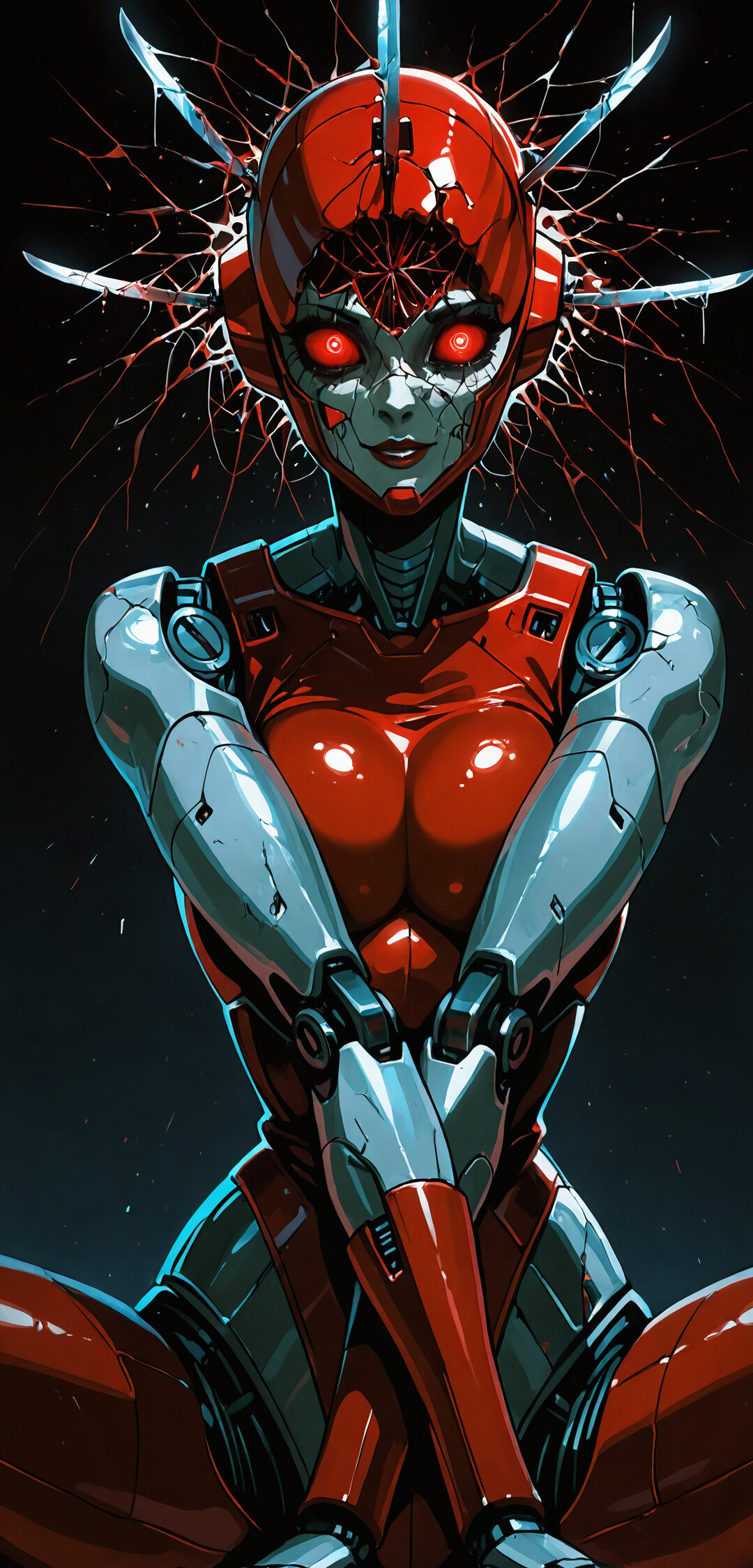 A female android with a red face and dark metallic body looks upward in shock. Her head is severely damaged, with a large hole in her forehead, cracks across her face, and sharp blades protruding from her skull, with red fluid dripping down.