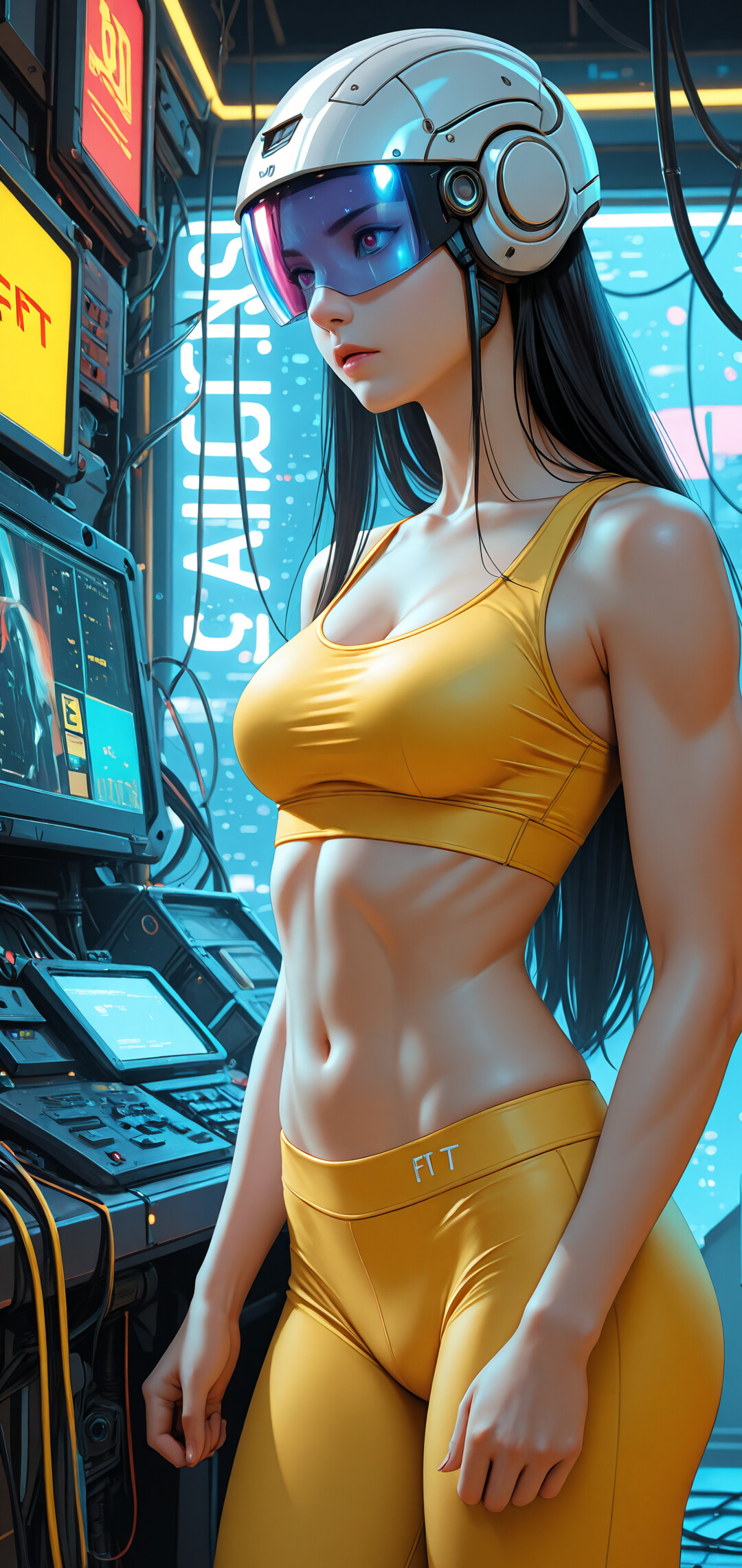 A fit woman with long black hair wearing a futuristic helmet, black workout clothes, and a yellow jacket stands in a high-tech room with glowing screens and wires.