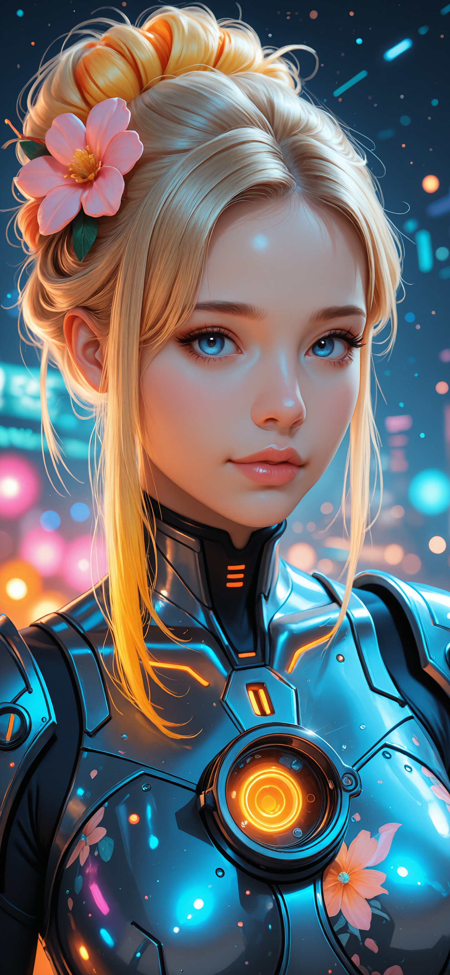 A close-up portrait of a beautiful young woman with blonde hair in an updo, a pink flower tucked behind her ear, and bright blue eyes. She is wearing silver and black futuristic armor and looking directly at the camera against a backdrop of a neon-lit city at night.
