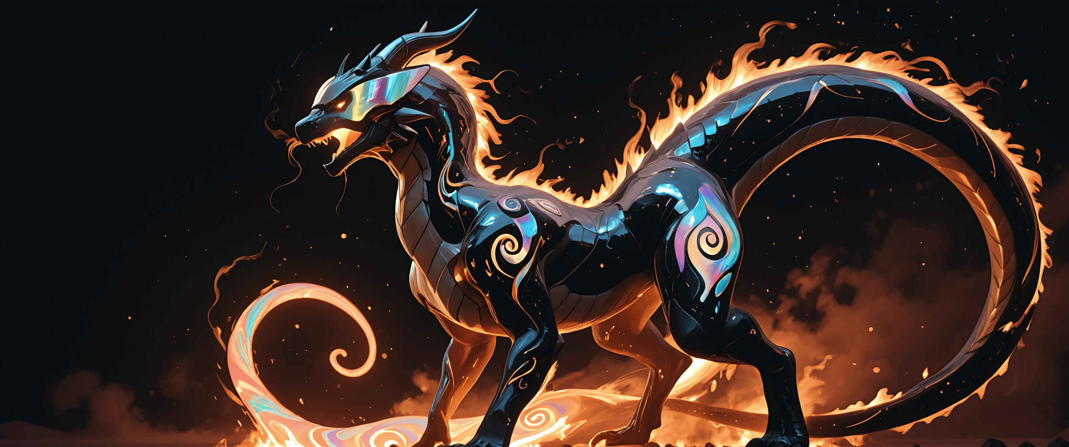 A full-body digital illustration of a sleek black dragon with glowing pink and purple patterns, a cybernetic visor, and fiery orange eyes, standing in a circle of fire against a dark background.