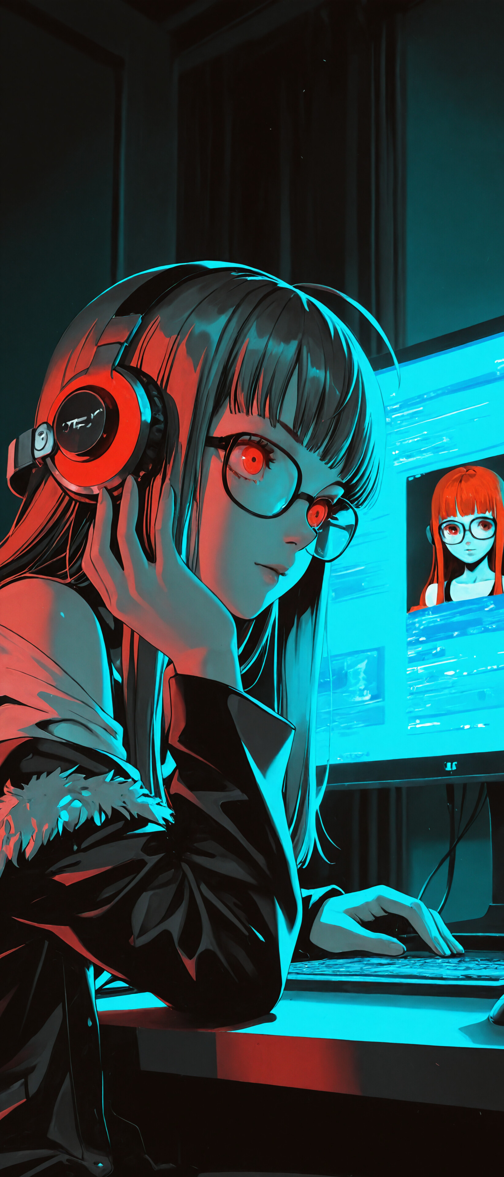 An anime-style illustration of Futaba Sakura from Persona 5, wearing large red headphones and glasses. She is in a dark room, illuminated by the red and cyan light from her computer monitors, with an intense, focused expression.