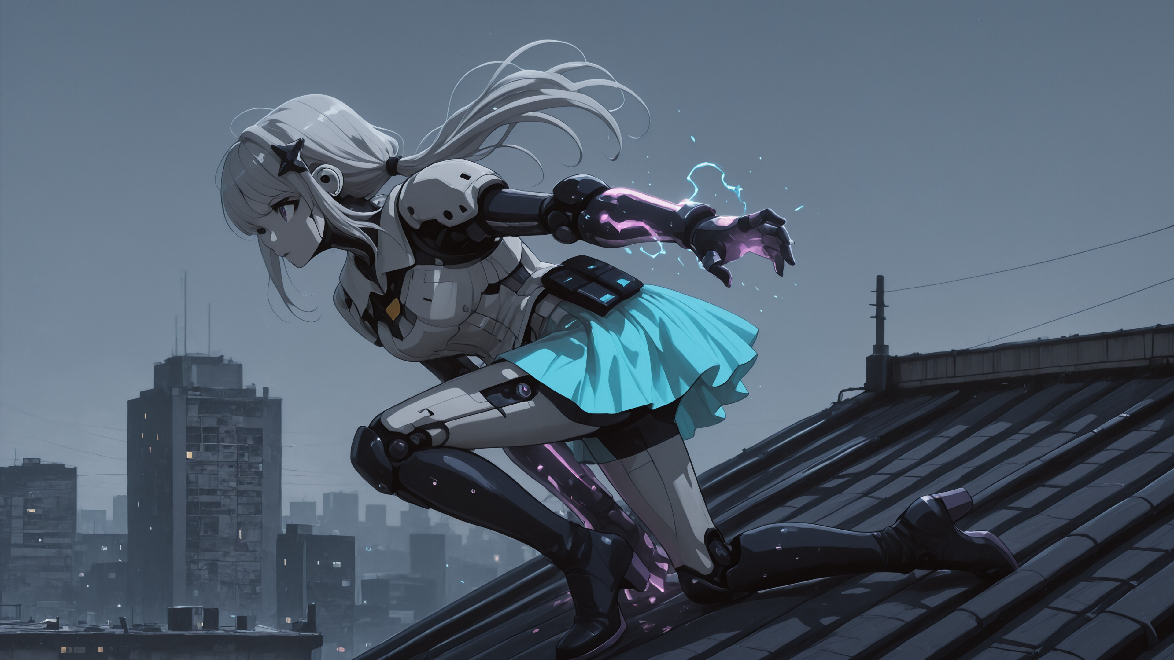 An anime girl with long grey hair and purple eyes, identified as Nozomi Kirifuji, in a white and black armored suit, crouches on a city rooftop at dusk, her hands glowing with crackling purple energy.
