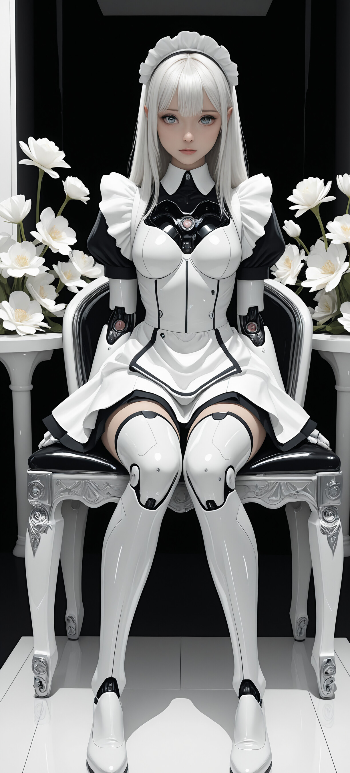 A full-body digital illustration of a young woman with long white hair dressed as a futuristic android maid. She sits on a reflective white floor in front of white flowers and columns, wearing a black and white shiny outfit with white cybernetic thigh-highs and silver heels.