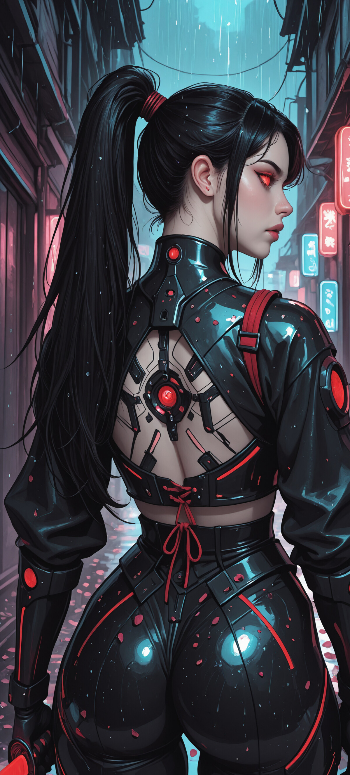 A digital illustration of a female cybernetic ronin from a back view, looking over her shoulder. She wears a tight black and red armored suit, has a long black ponytail, and holds a glowing red katana in a neon-lit, rainy Japanese alley.