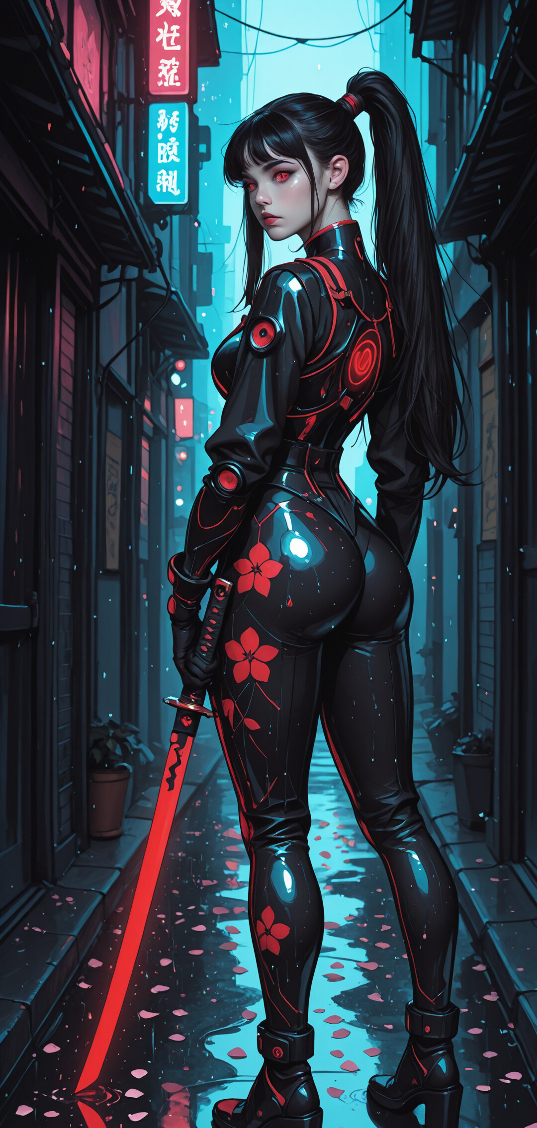 A female cybernetic warrior in a black and red suit stands in a rainy, dark city alley, holding two glowing red katanas. She has a long black ponytail and is looking back over her shoulder.