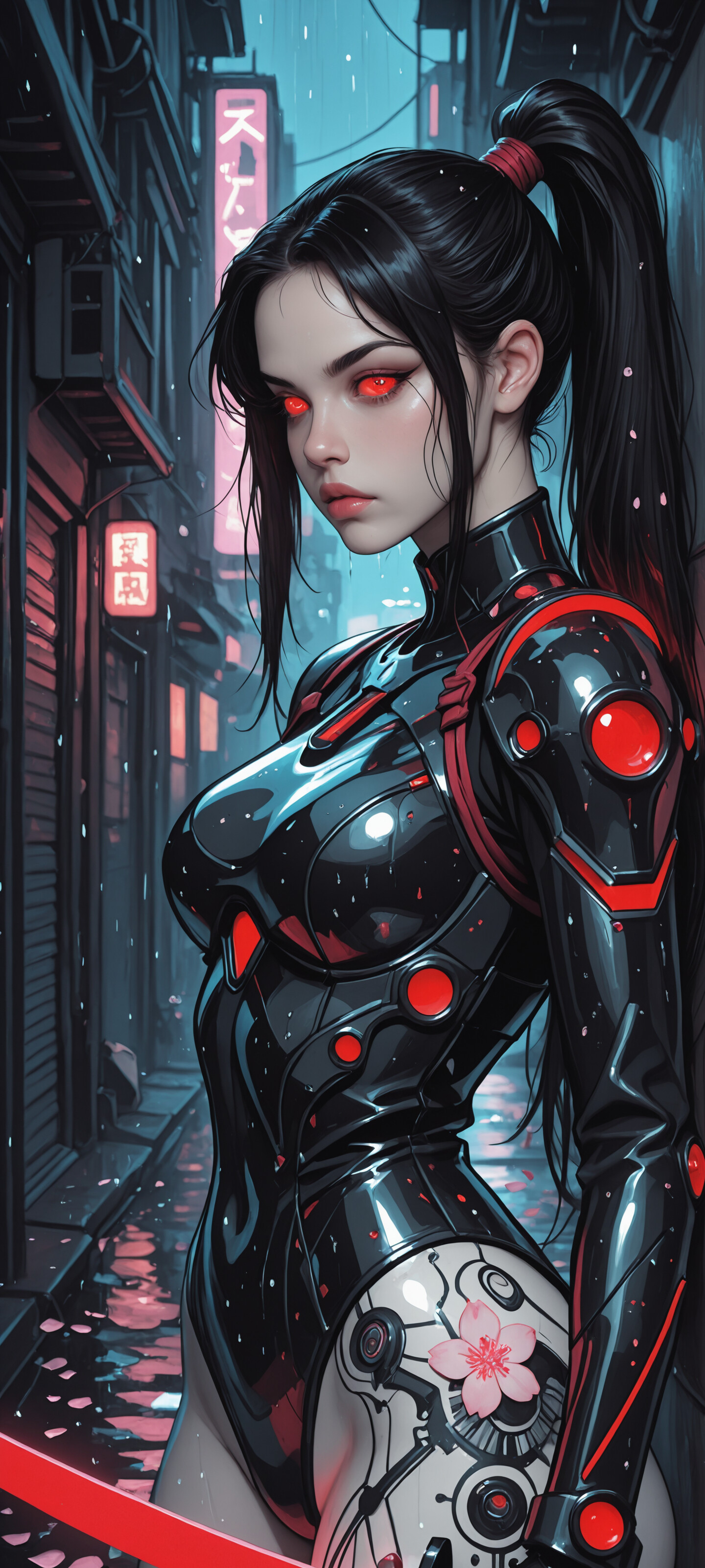 A digital illustration of a female cybernetic warrior with long black hair in a ponytail and glowing red eyes. She wears form-fitting black and red armor and stands in a rainy, neon-lit Japanese city alley at night.