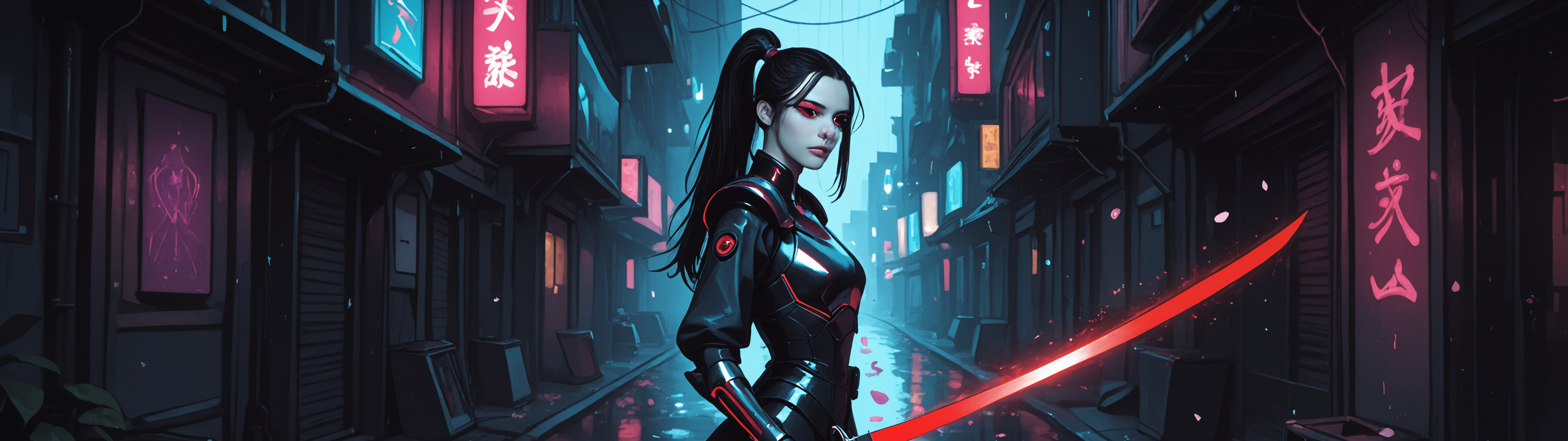 A digital illustration of a female cybernetic warrior with long black hair in a ponytail and glowing red eyes. She wears form-fitting black and red armor and stands in a rainy, neon-lit Japanese city alley at night.