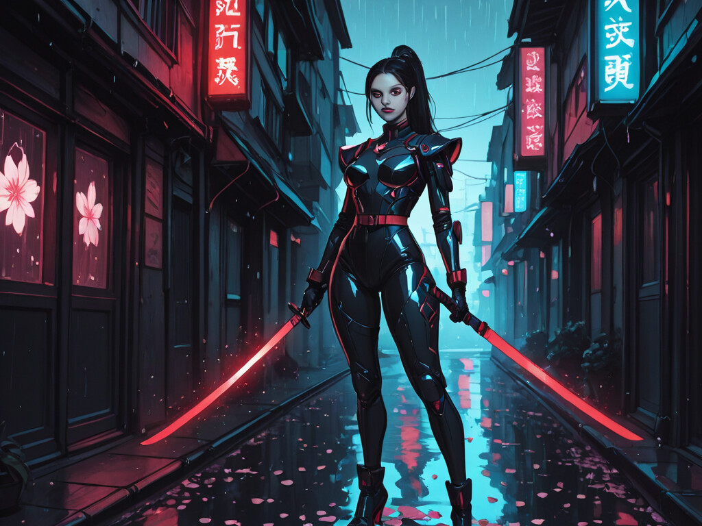 A female warrior in futuristic black and red armor stands in the middle of a rainy, neon-lit Japanese alley, holding two glowing red swords.
