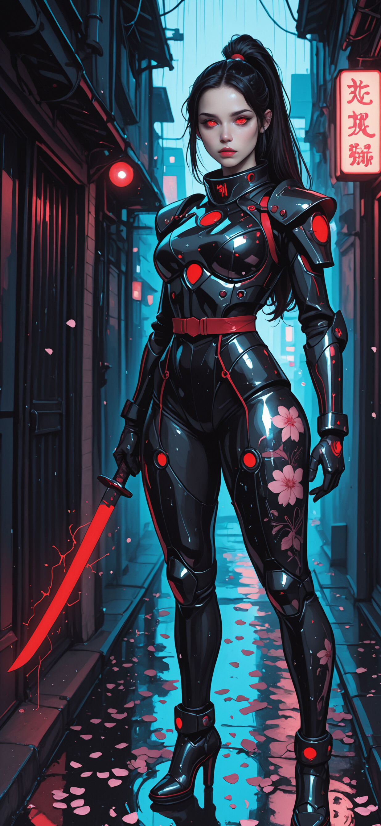 A full-body illustration of a female cybernetic warrior in sleek black and red armor standing in a rainy, neon-lit city alley, holding two glowing red katanas while cherry blossom petals fall around her.