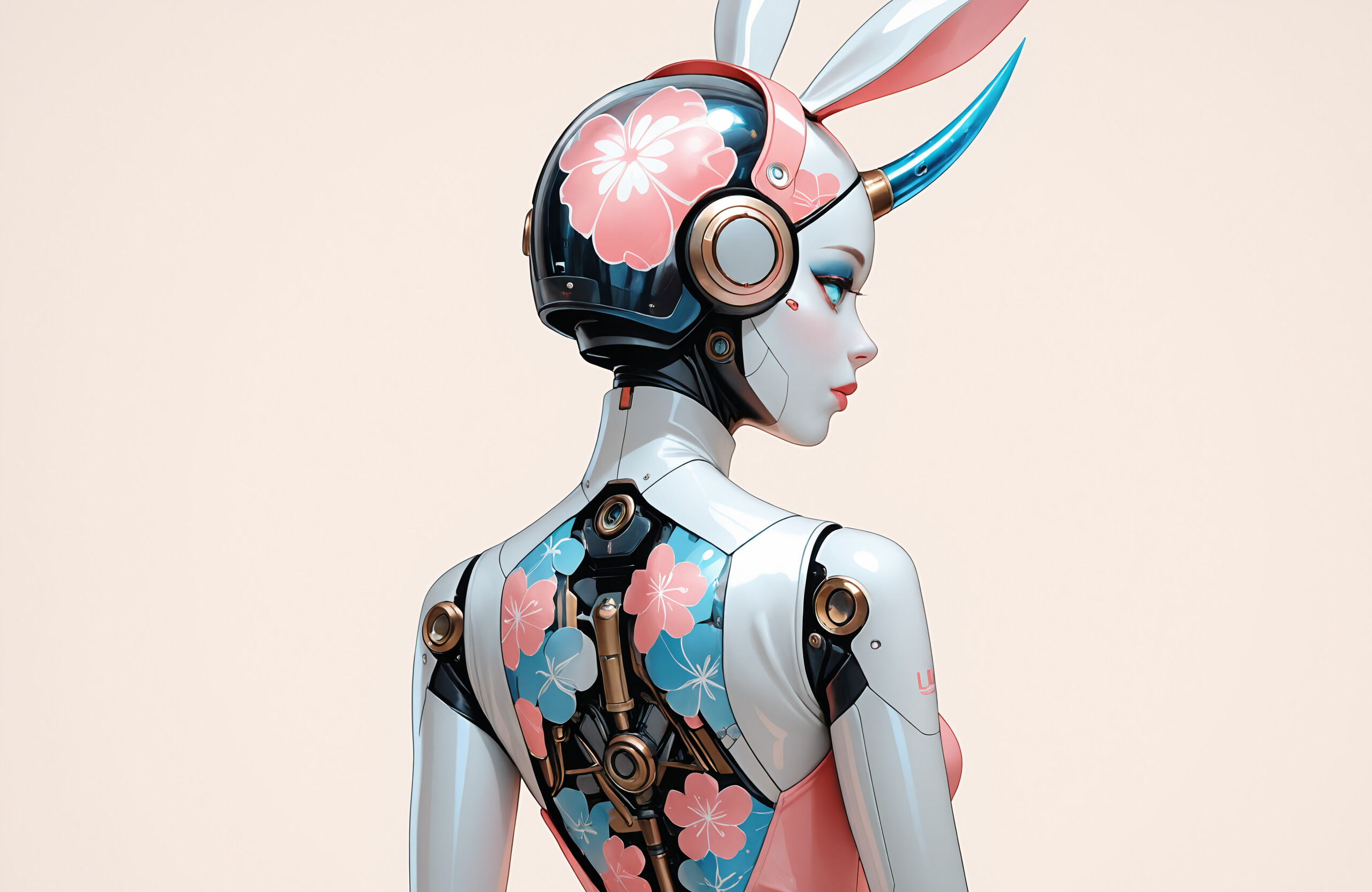 A female android with a white body and floral patterns shown from the back. She wears a helmet with rabbit ears and horns and is looking over her shoulder against a plain background.