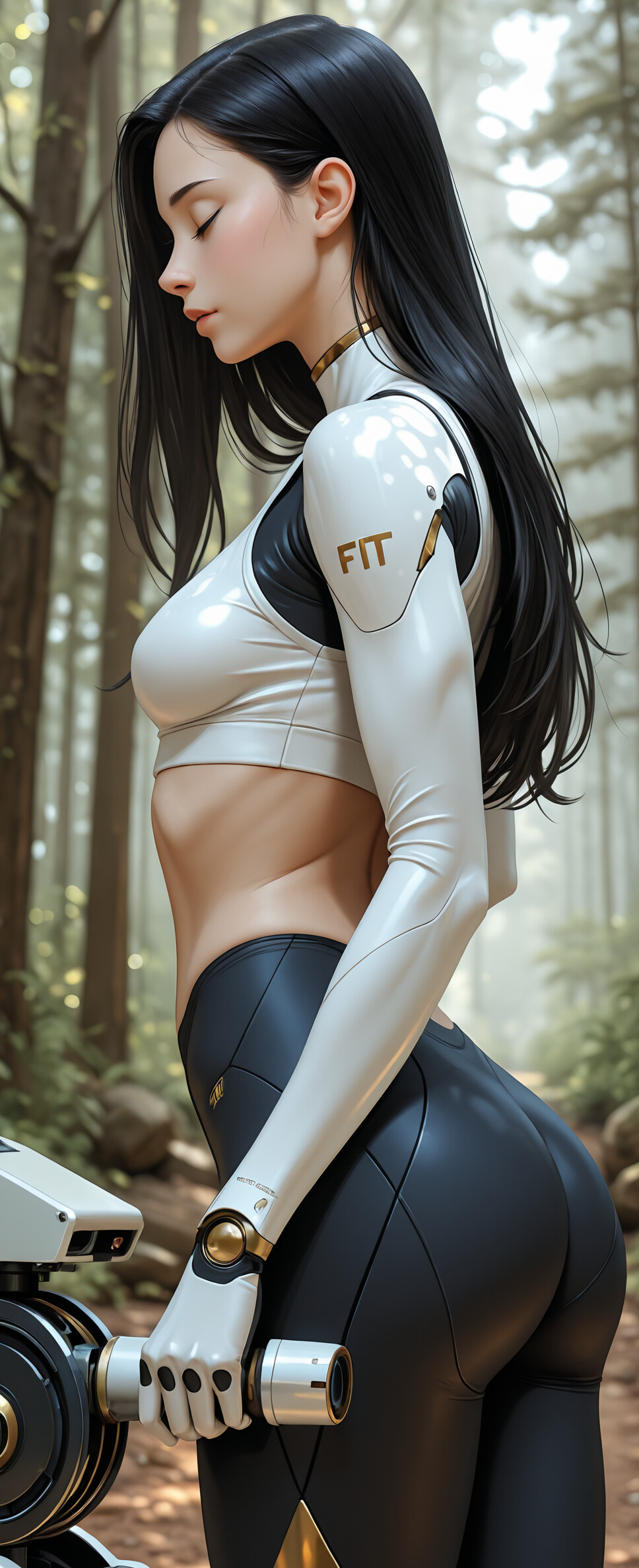 A woman with long black hair and white cybernetic arms stands in profile on a path in a lush green forest, her eyes closed.