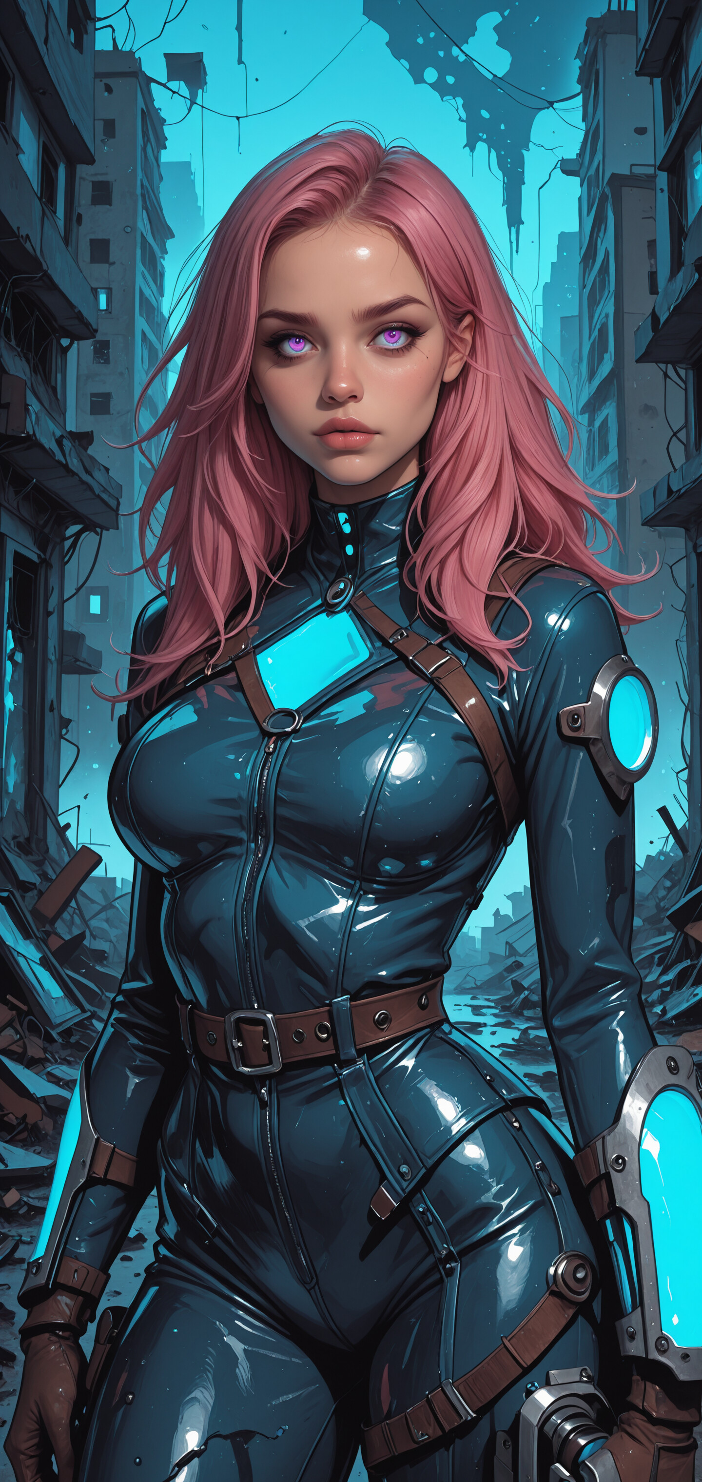 A digital illustration of a woman with pink hair and glowing purple eyes standing in a ruined city street. She wears a futuristic, form-fitting blue and black bodysuit with pink accents.
