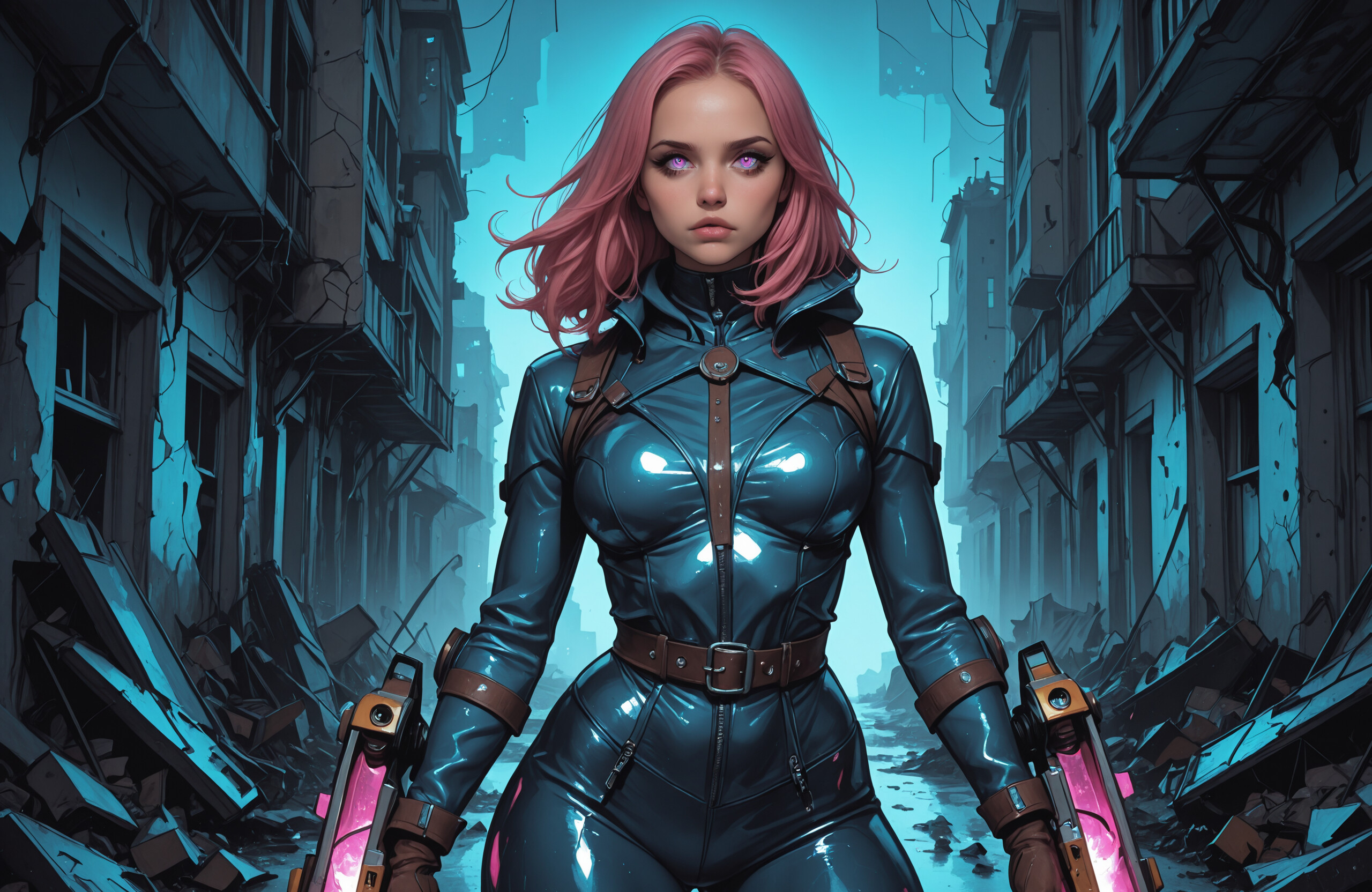 A digital illustration of a woman with pink hair and glowing purple eyes standing in a ruined city street. She wears a futuristic, form-fitting blue and black bodysuit with pink accents.