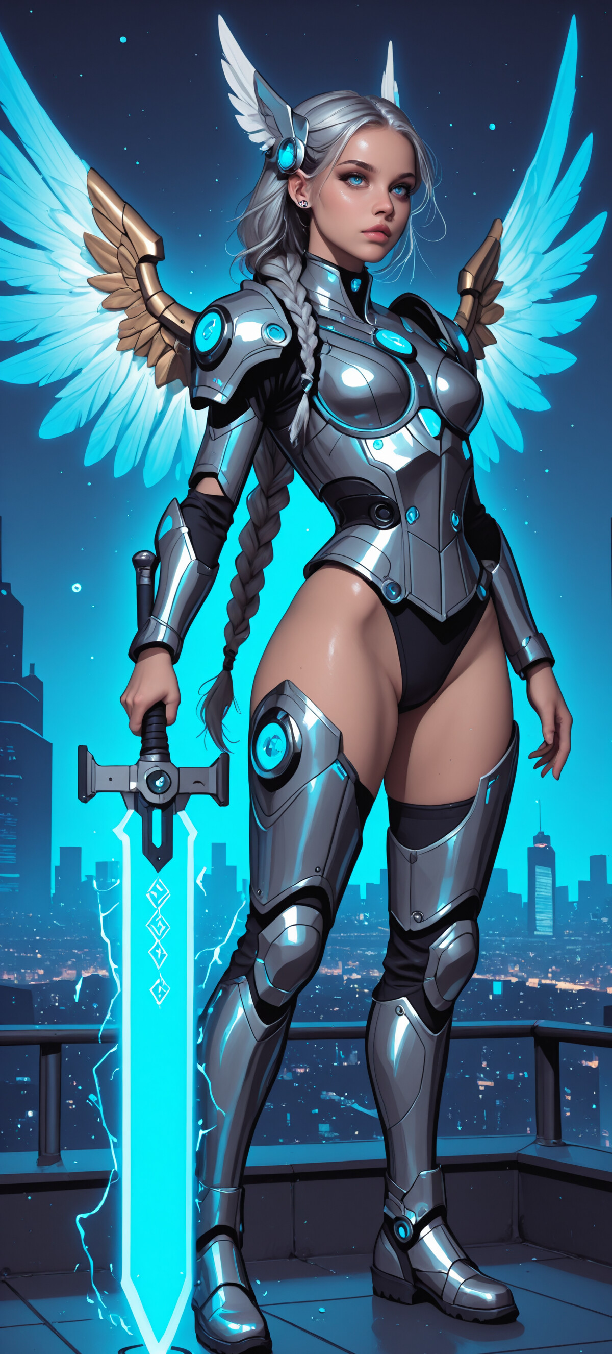 A full-body illustration of a female warrior with silver-blue braided hair and wings, wearing futuristic blue and purple armor, holding a glowing blue sword on a rooftop with a city skyline in the background.