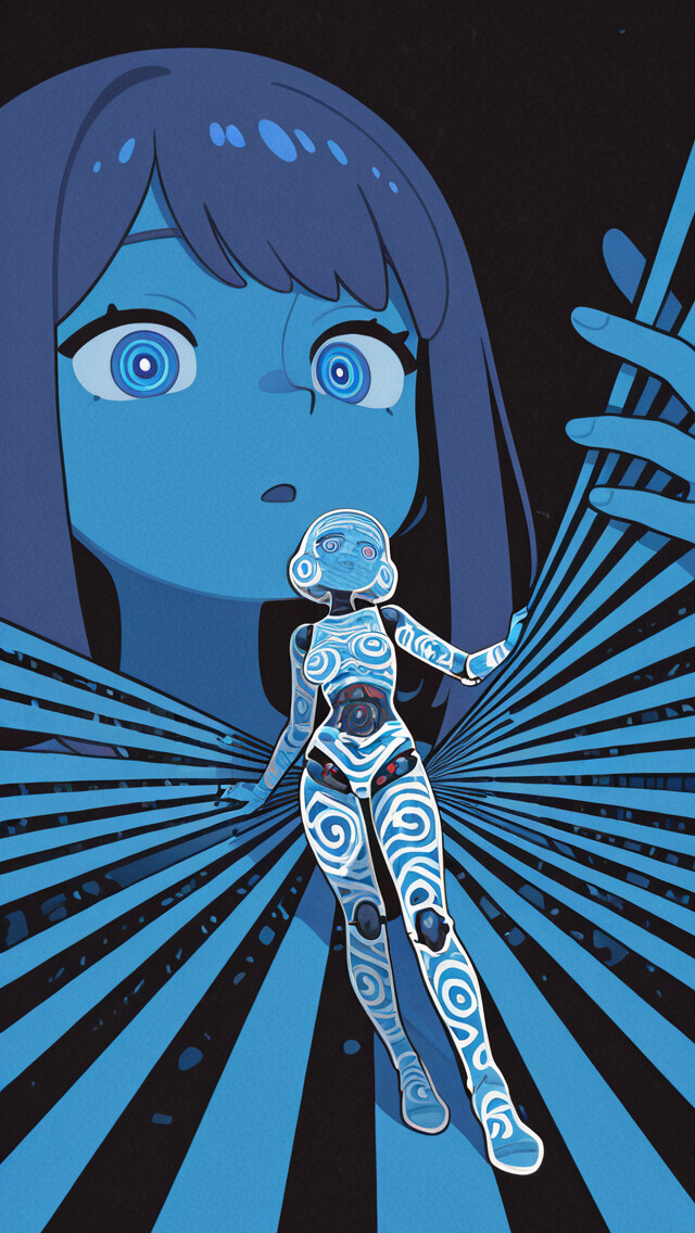 A close-up illustration of an anime girl with blue hair and skin. Her body is transparent, revealing a glowing blue ribcage and internal circuitry. She has large blue eyes and is holding her hands up by her face with a cool expression.
