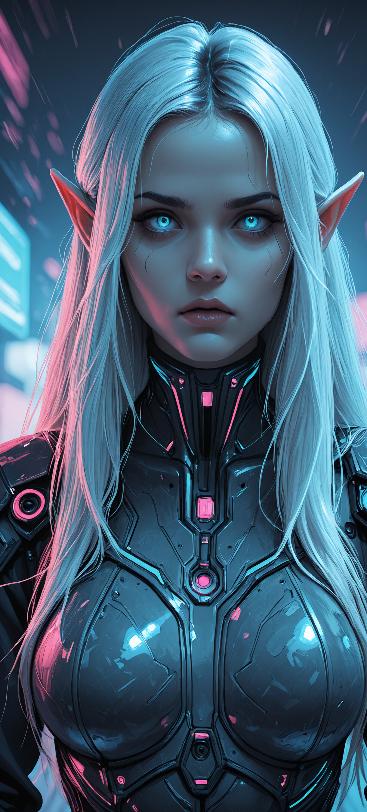 A close-up portrait of a beautiful elf with long blonde hair, pointed ears, and blue eyes, wearing a futuristic black and blue armored suit and smoking a cigarette in a neon-lit cyberpunk city.