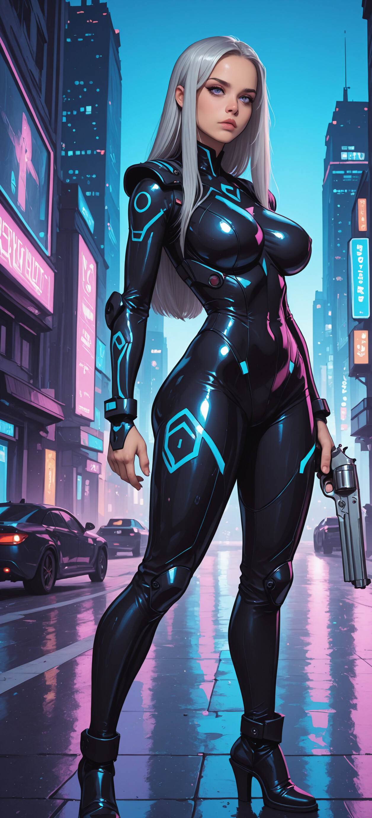 A digital illustration of a woman with long silver hair and a tight black and blue cyberpunk suit, holding a large revolver while standing in the middle of a futuristic city street at night with neon lights reflecting on the wet pavement.