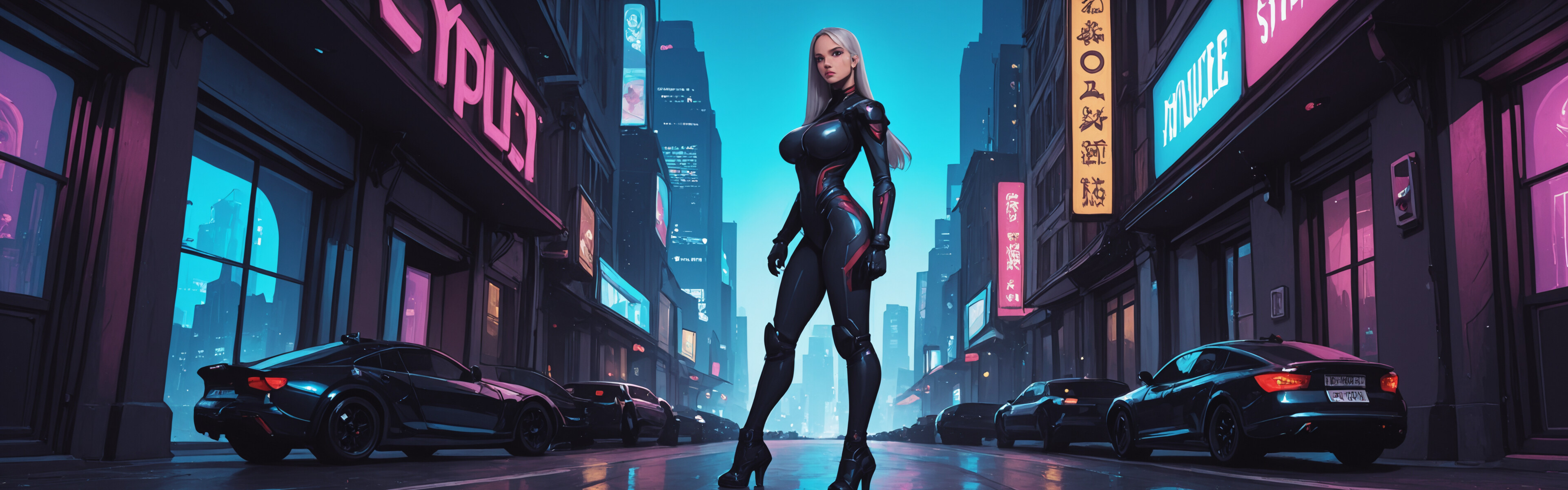 A digital illustration of a woman with long silver hair and a tight black and blue cyberpunk suit, holding a large revolver while standing in the middle of a futuristic city street at night with neon lights reflecting on the wet pavement.