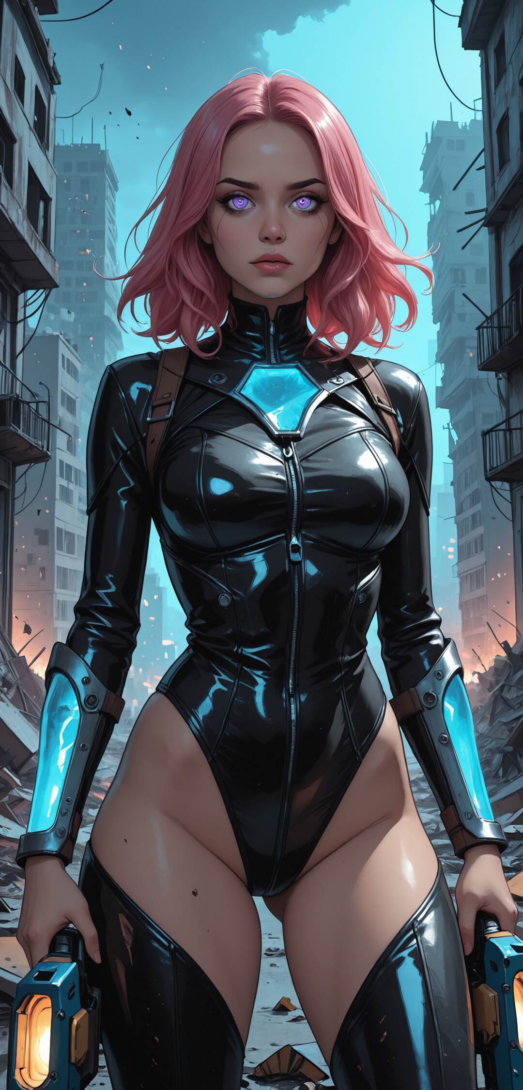A woman with short pink hair and violet eyes wearing a tight black futuristic suit with glowing blue technology stands in the middle of a destroyed city street.