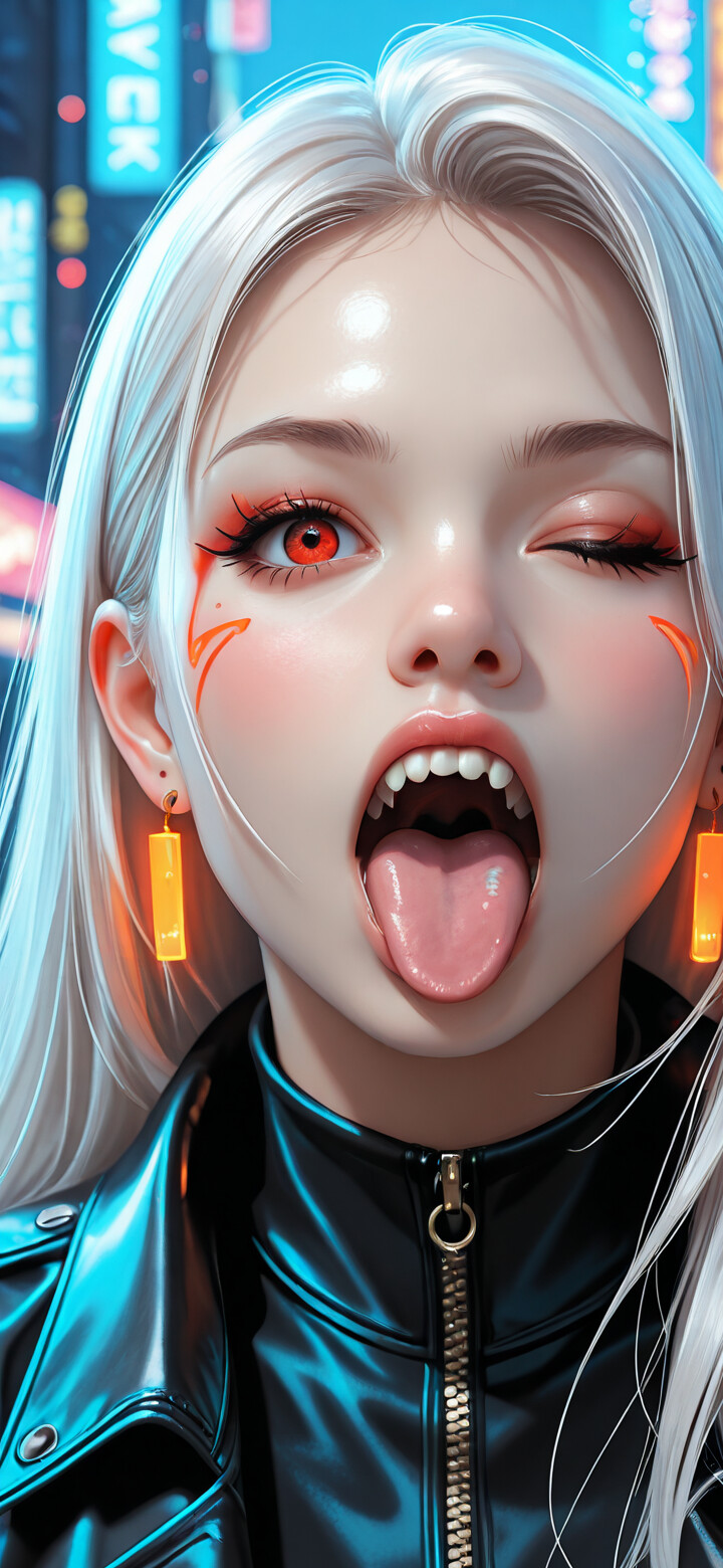 A close-up digital illustration of a woman with long white hair, red eyes, and sharp teeth. She is sticking her tongue out, wearing a black leather jacket and glowing orange earrings, set against a blurry neon city background.