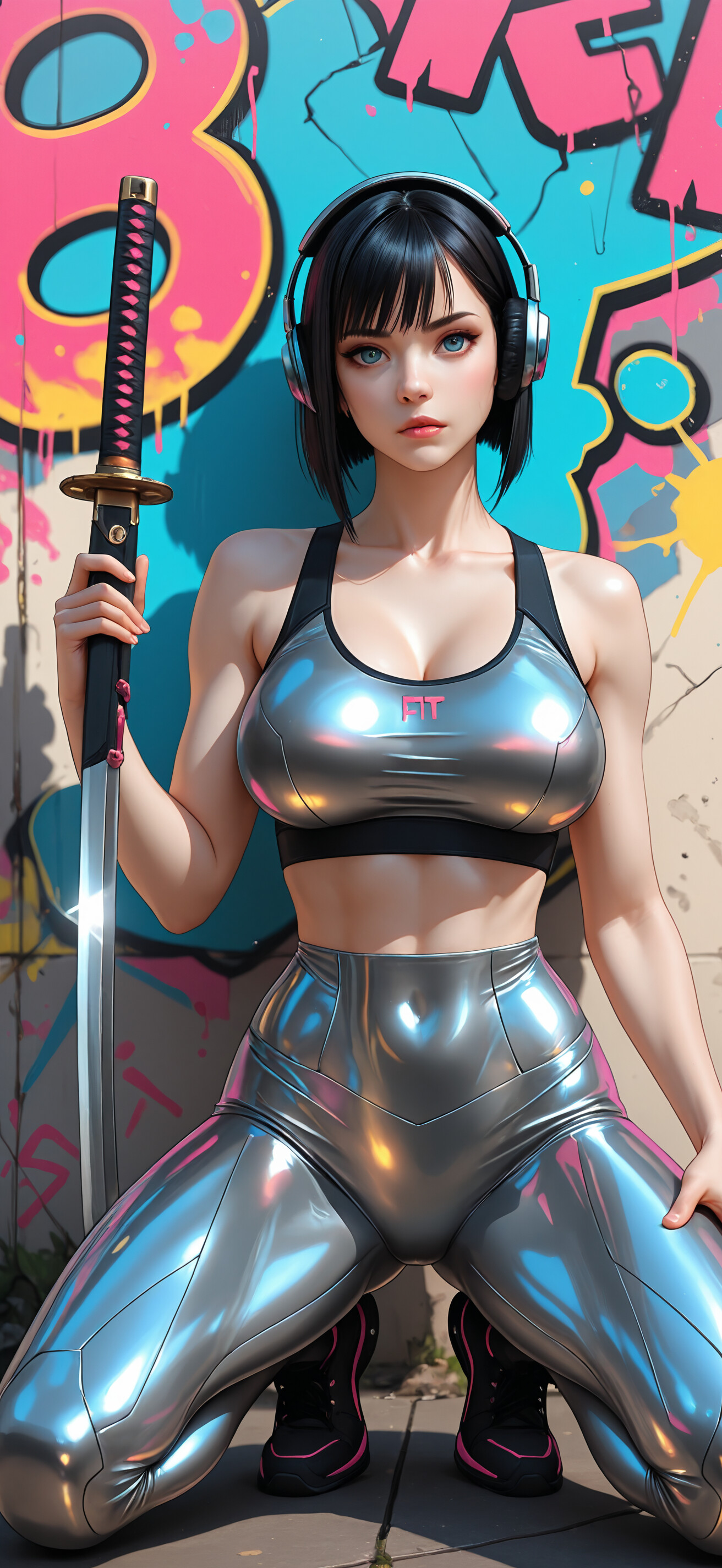 A woman with short black hair and headphones kneels in a futuristic metallic outfit, posing next to a glowing pink katana against a graffiti-covered wall.