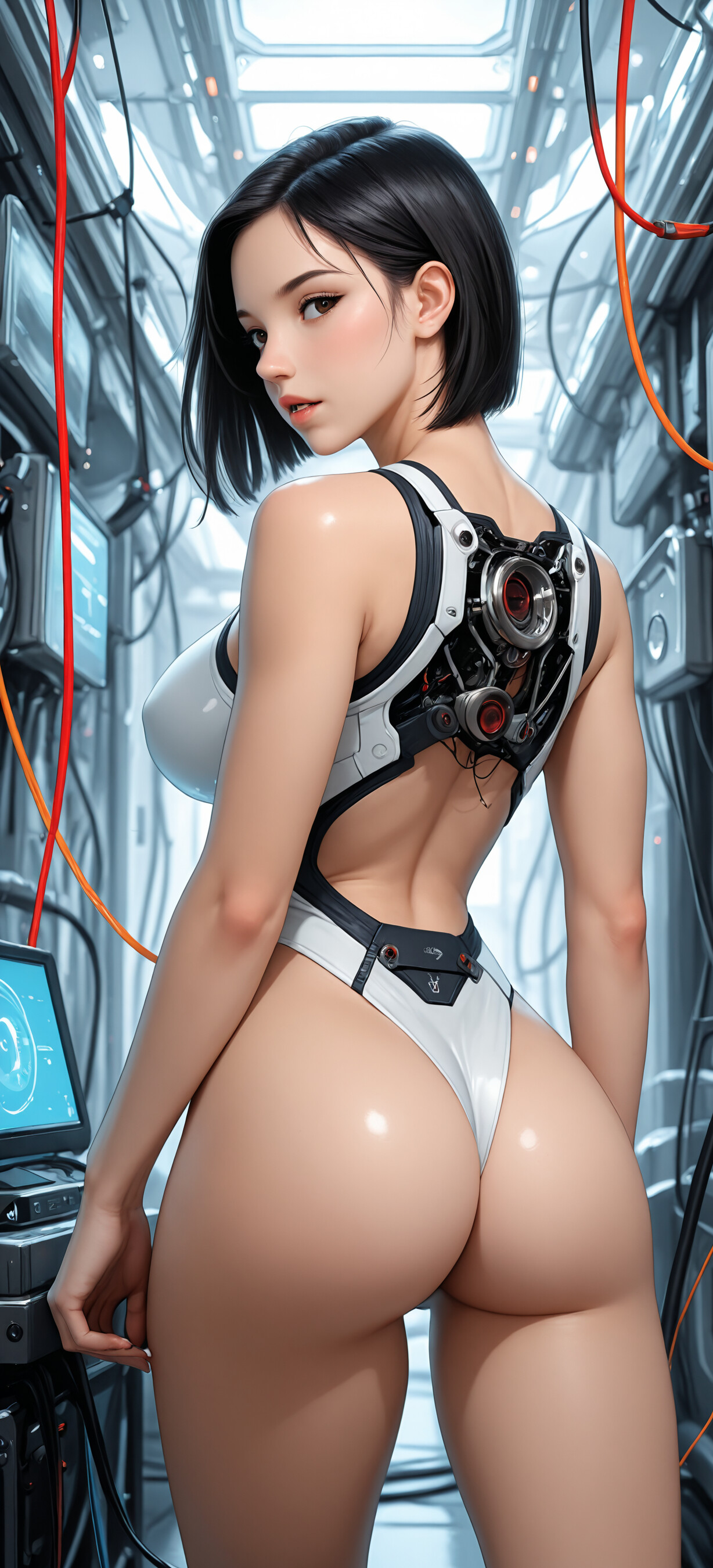 A woman with short black hair in a white futuristic bodysuit with an exposed mechanical spine looks over her shoulder while standing in a room full of computer servers and wires.