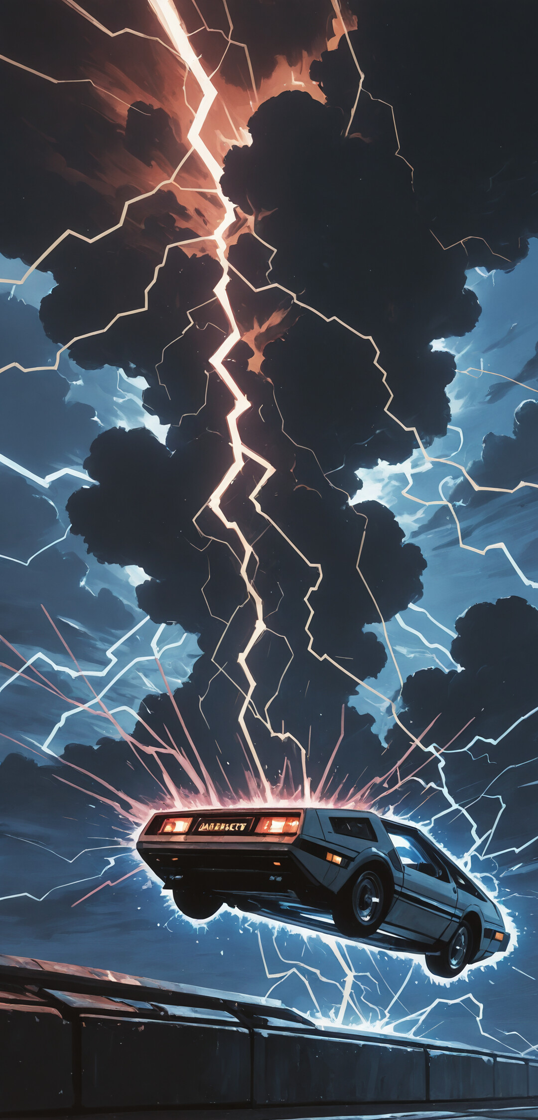 A painterly illustration of the black DeLorean time machine from Back to the Future, levitating above a wet road amidst a dramatic, dark storm with bright blue lightning striking all around it.