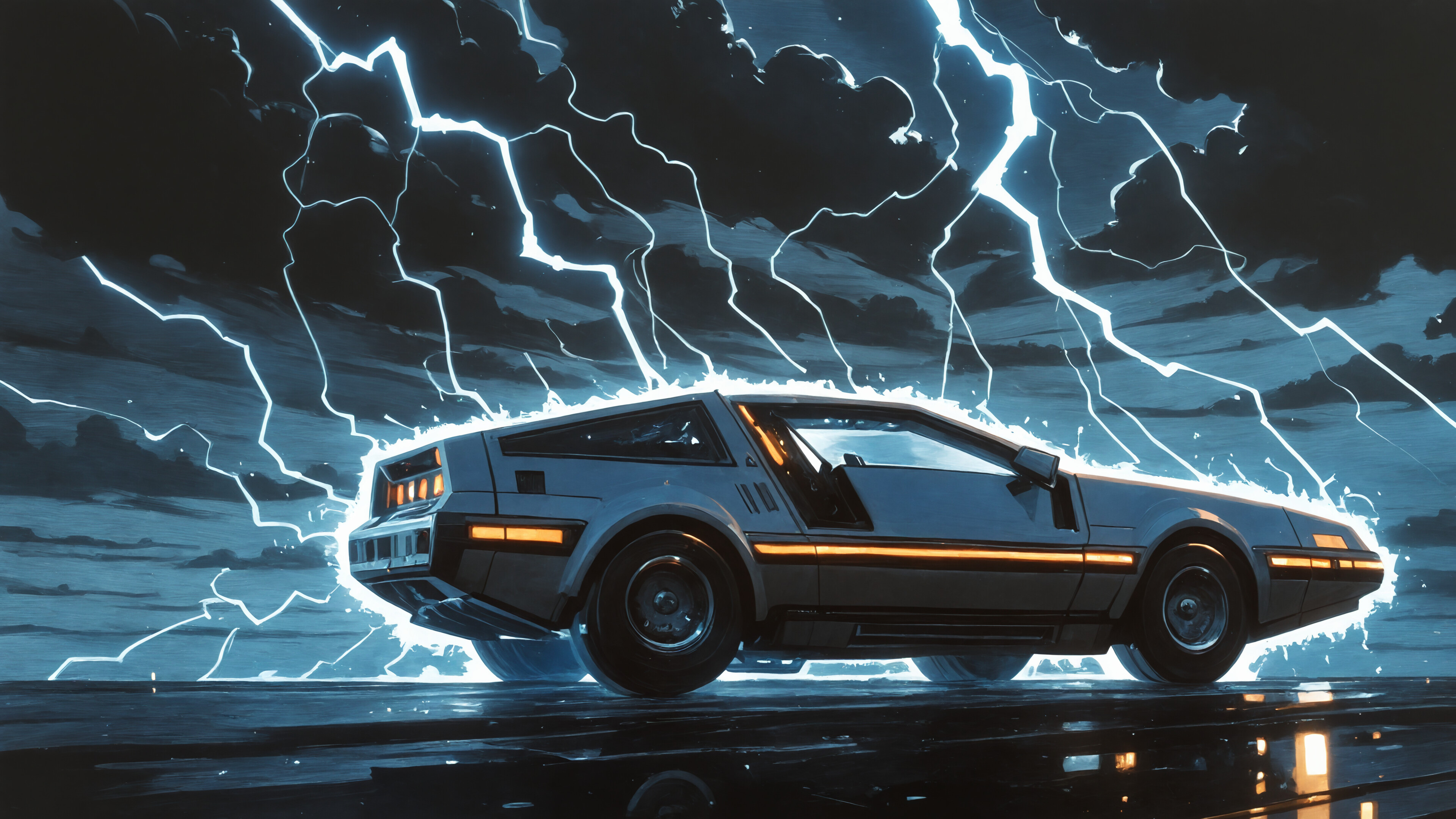 A painterly illustration of the black DeLorean time machine from Back to the Future, levitating above a wet road amidst a dramatic, dark storm with bright blue lightning striking all around it.