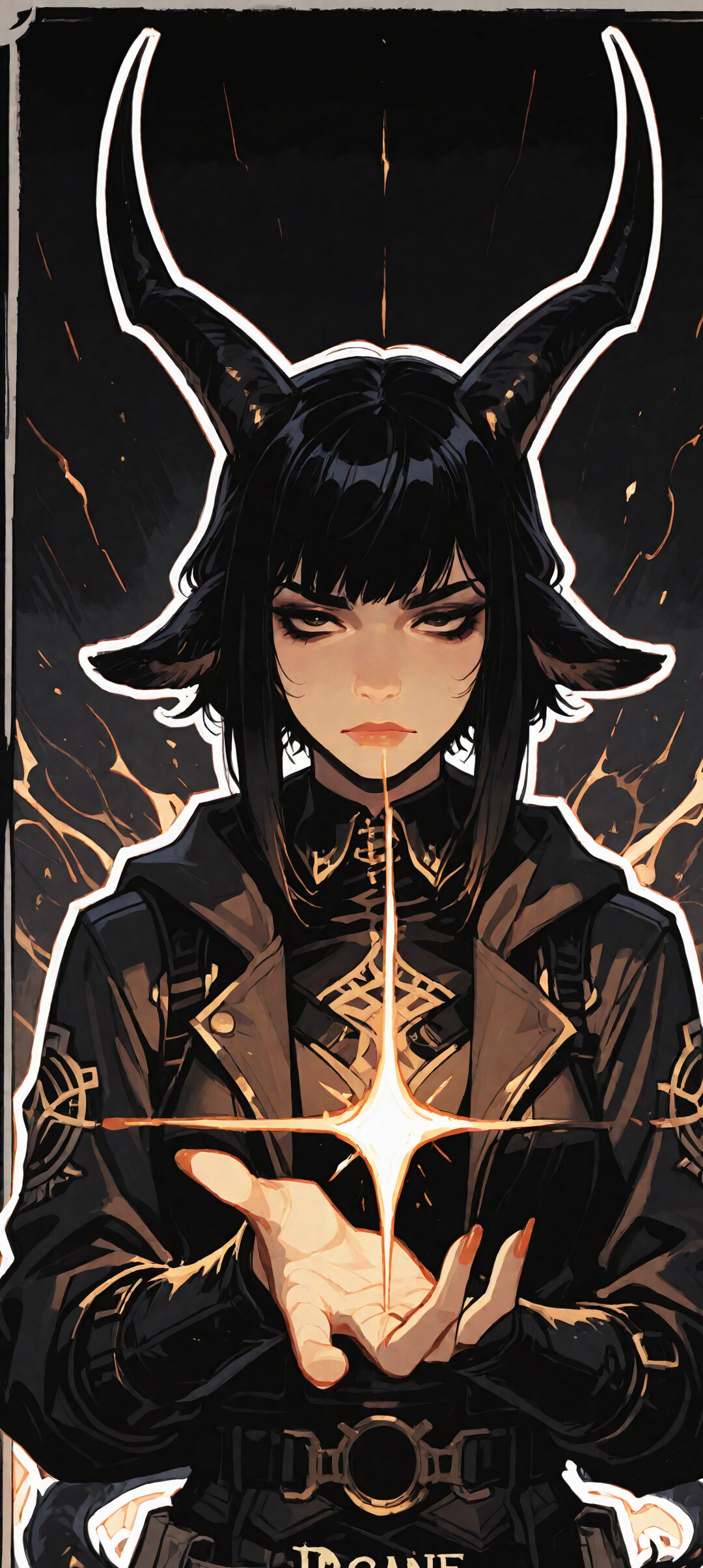 A dark-haired demonic girl with large black horns and a spaded tail, casting a glowing star-shaped spell held between her cupped hands against a dark background.