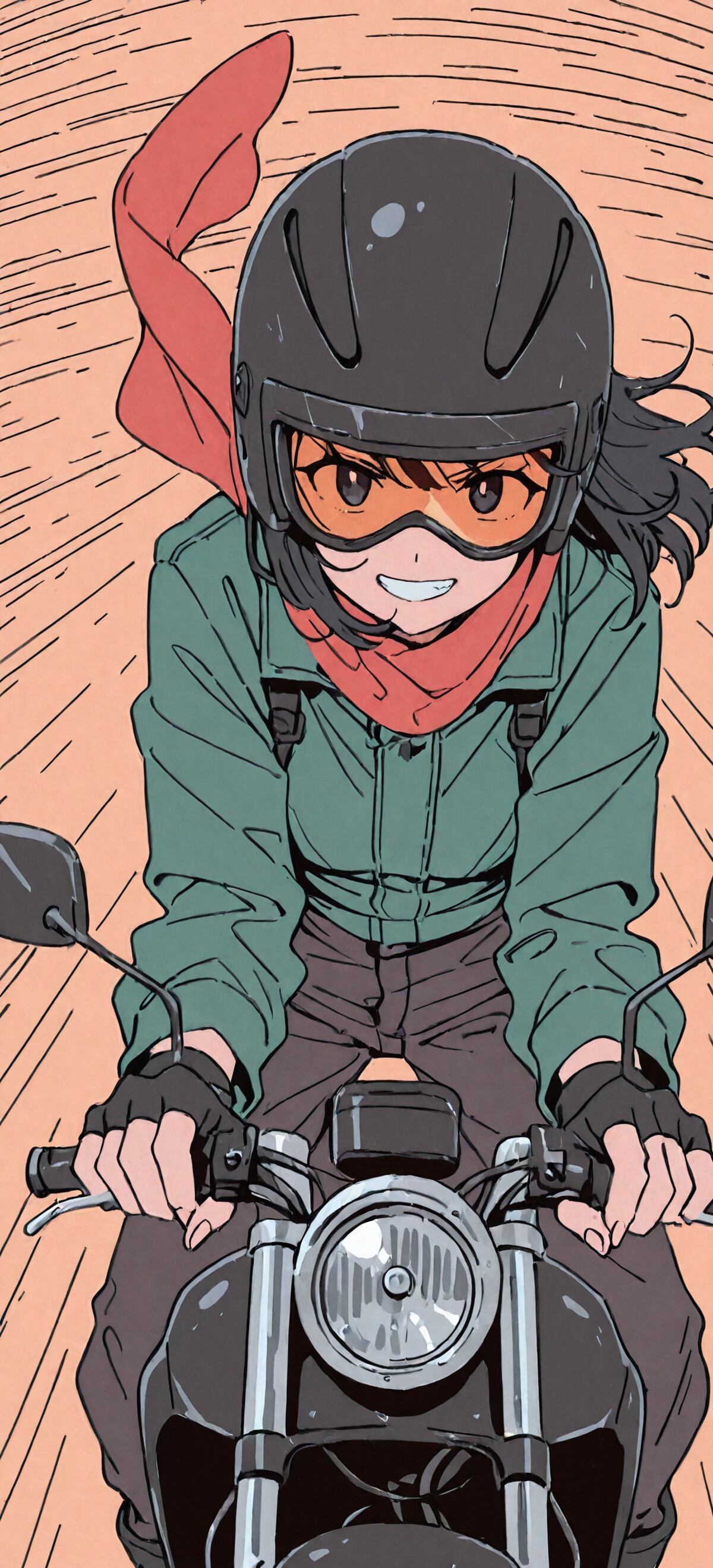 An anime girl with black hair and a determined expression rides a motorcycle through the desert, wearing a helmet, goggles, a green jacket, and a flowing red scarf.