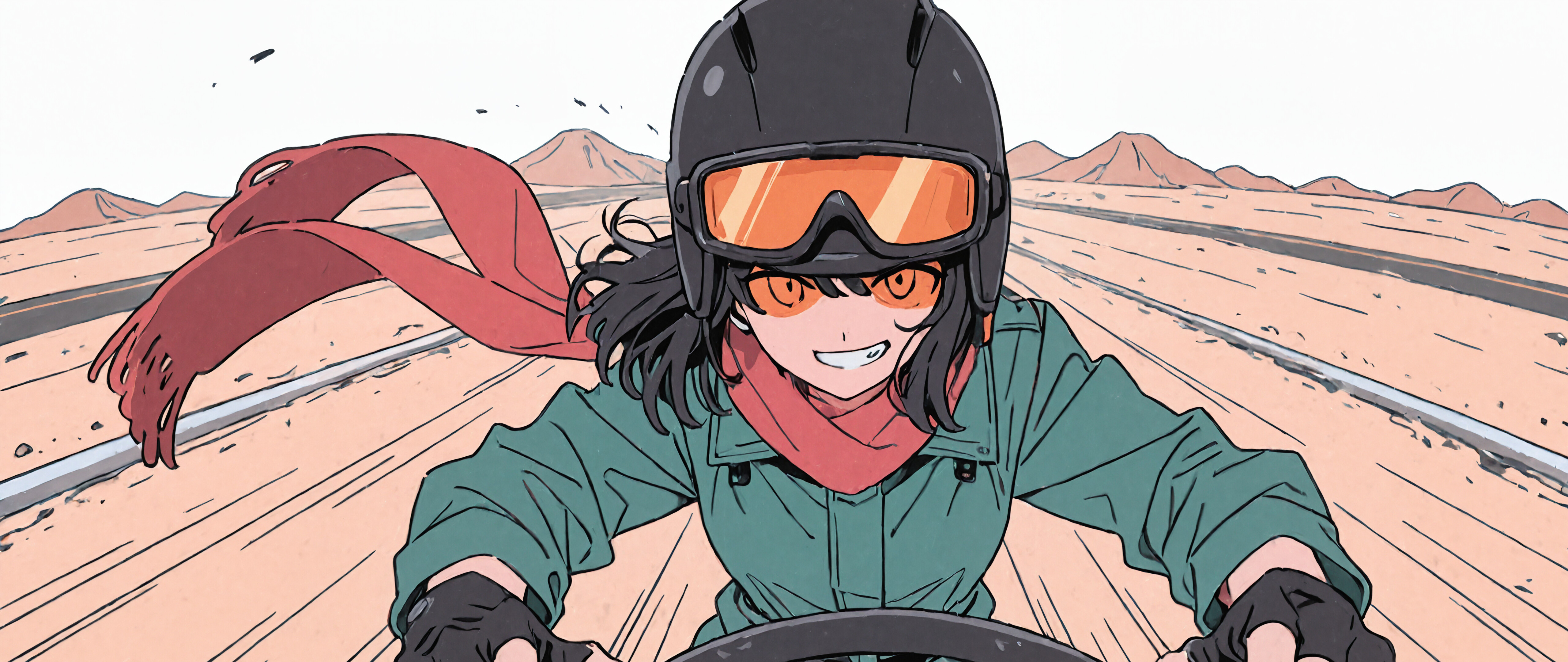 An anime girl with black hair and a determined expression rides a motorcycle through the desert, wearing a helmet, goggles, a green jacket, and a flowing red scarf.